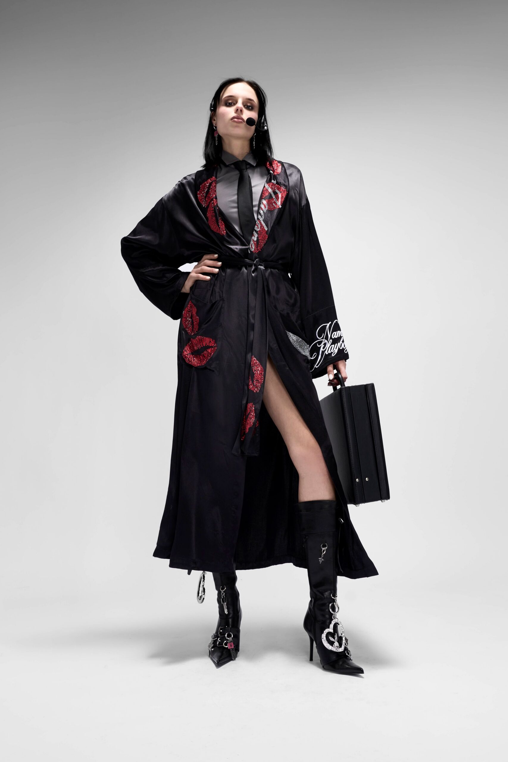black silk long-sleeve collared fitted embroidered maxi gown