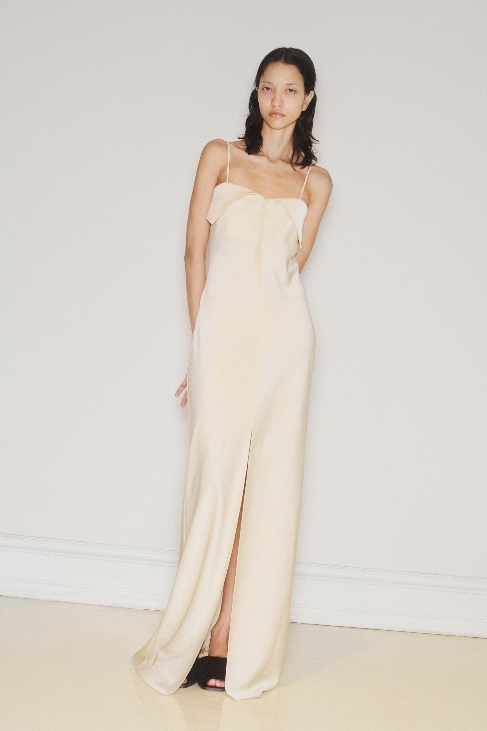 beige silk sleeveless gown