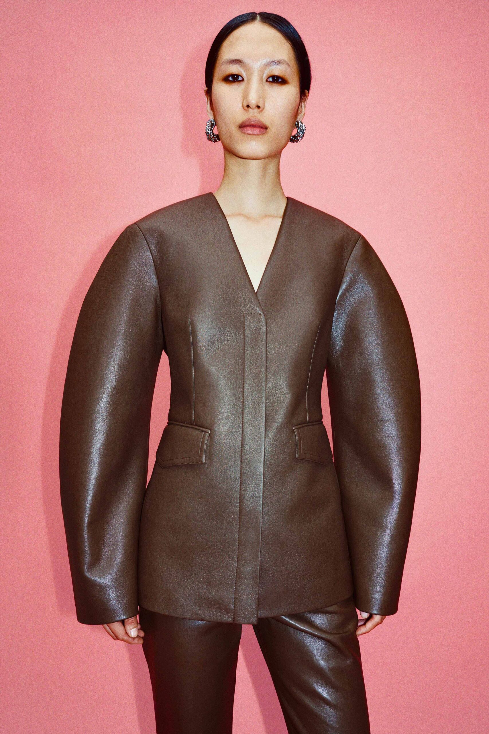 brown leather long-sleeve v-neck structured pockets blazer