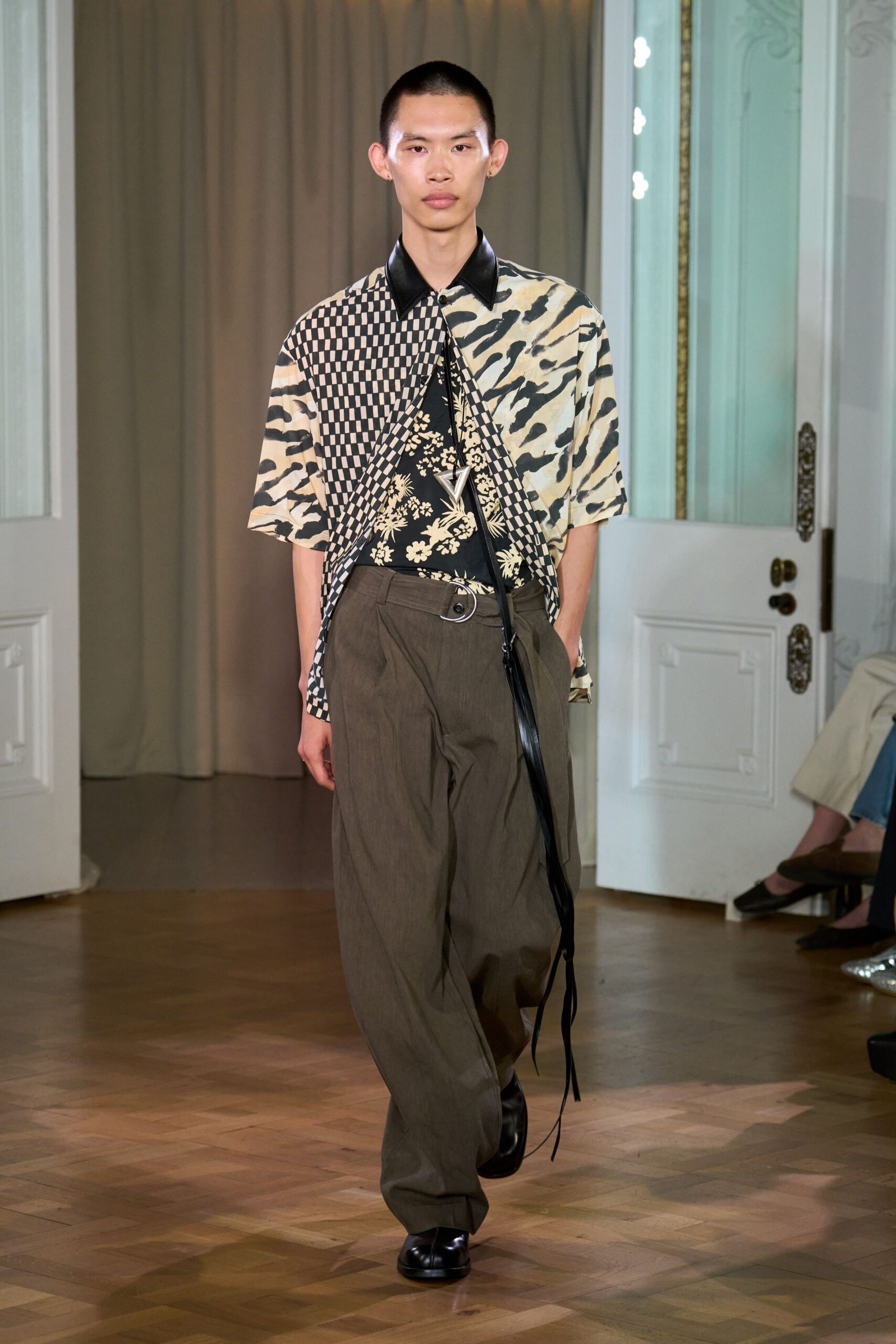 beige printed short-sleeve shirt with brown wide-leg pants