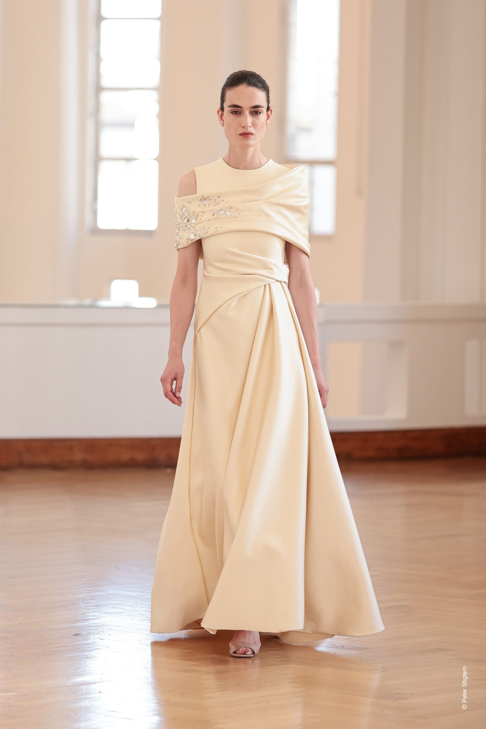 ivory silk off-shoulder gown