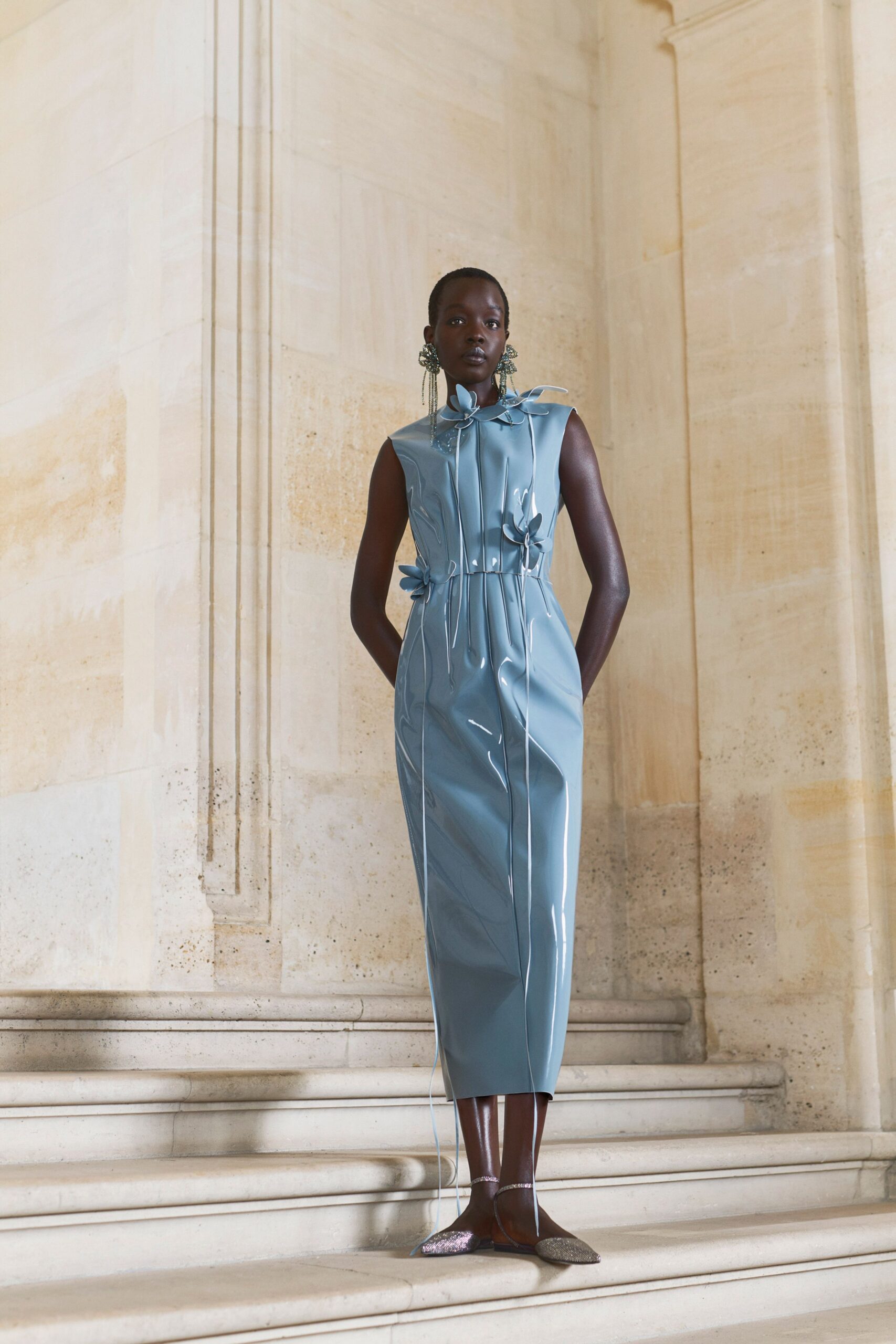 blue vinyl sleeveless high-neck fitted zippered draped dress