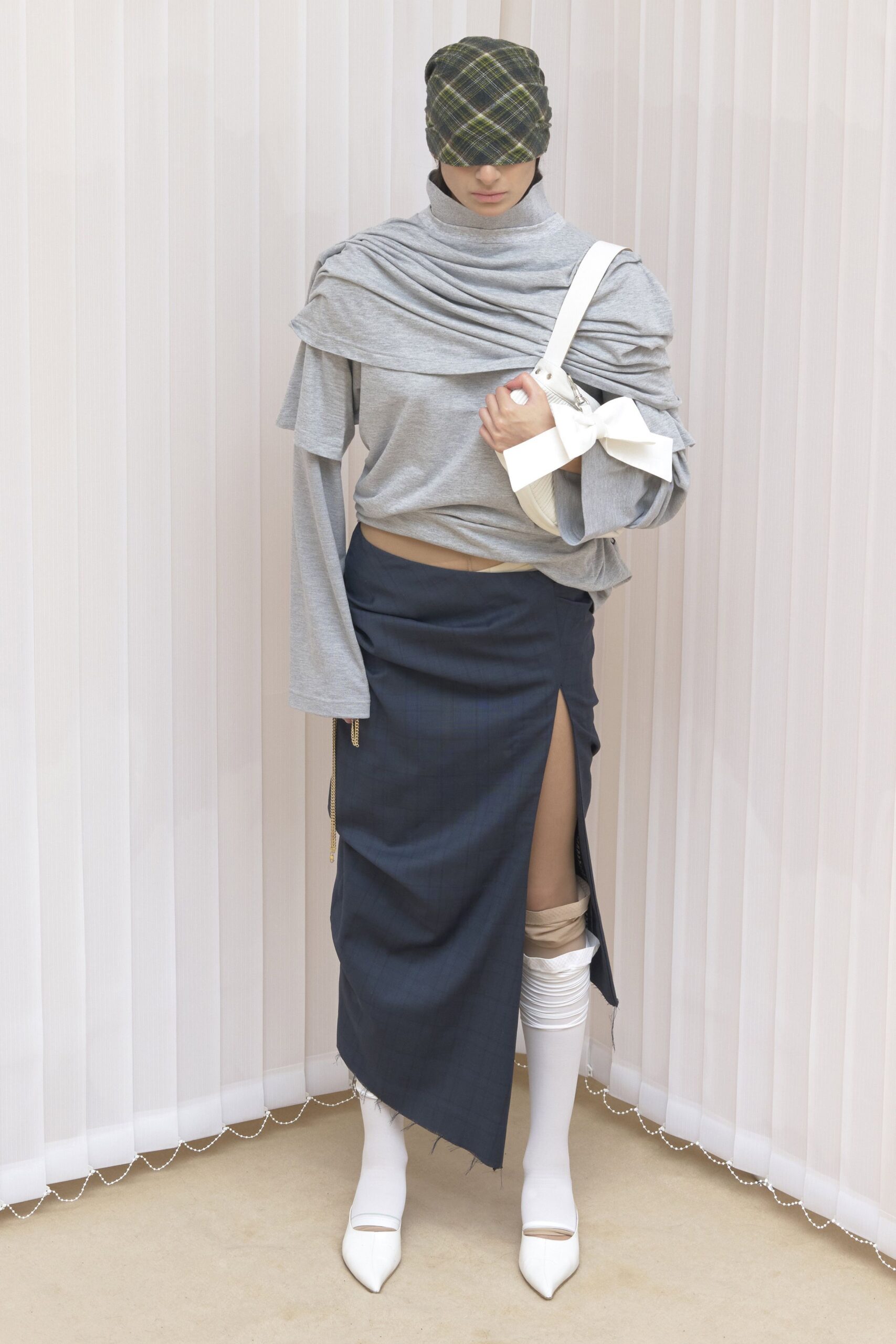 gray cotton long-sleeve high-neck relaxed ruffled top