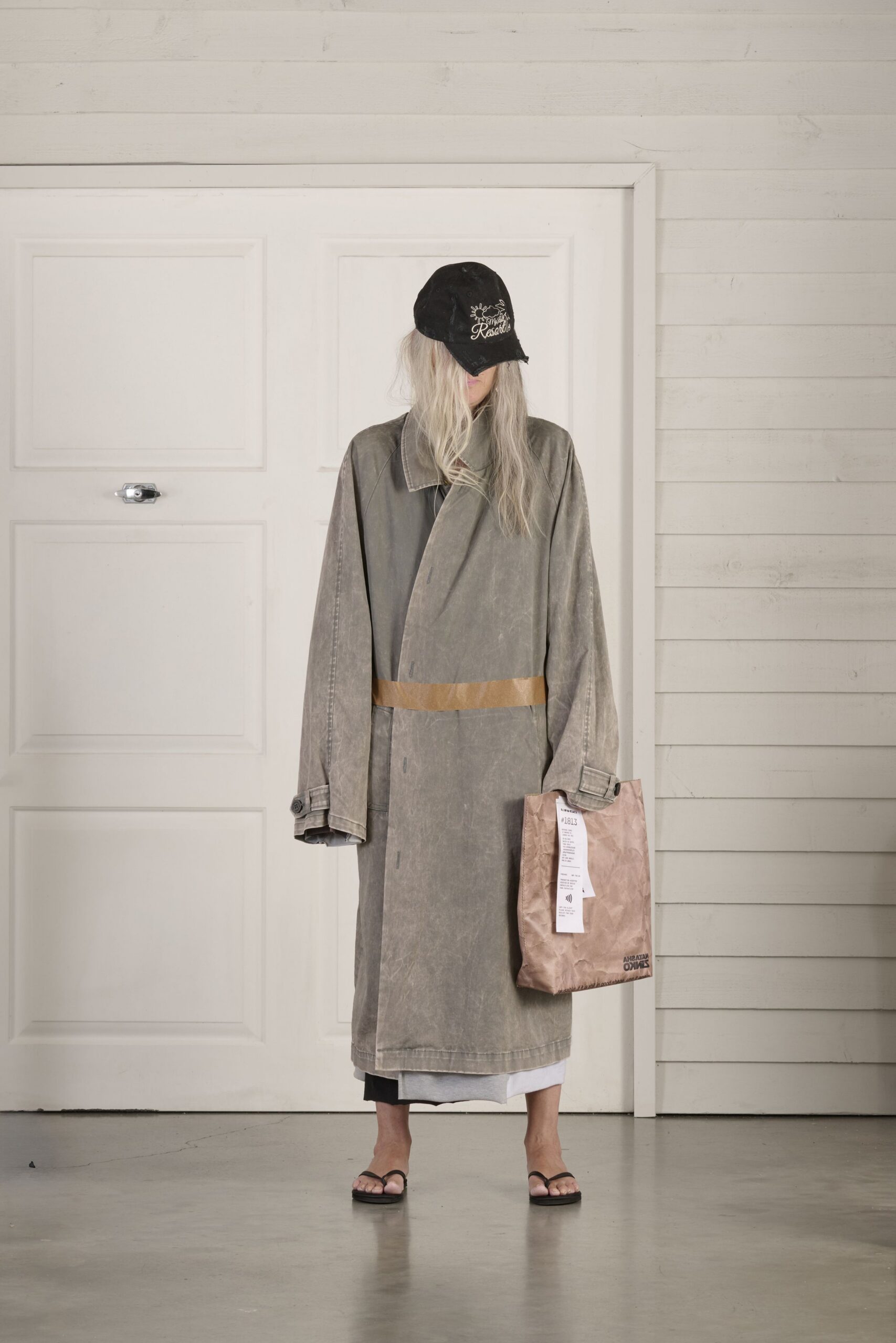 gray cotton long-sleeve collared relaxed belted maxi coat