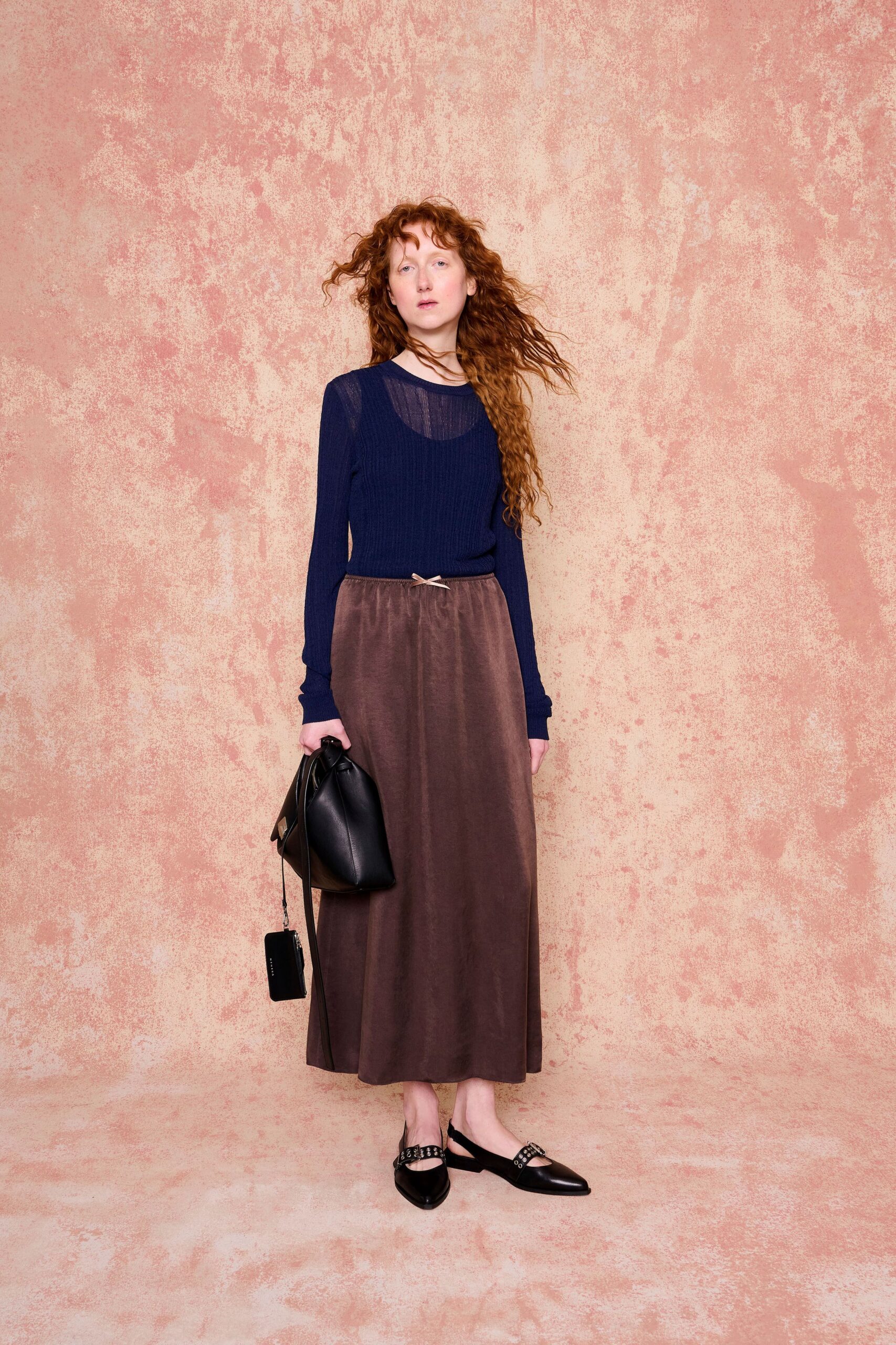 brown velvet relaxed a-line midi skirt
