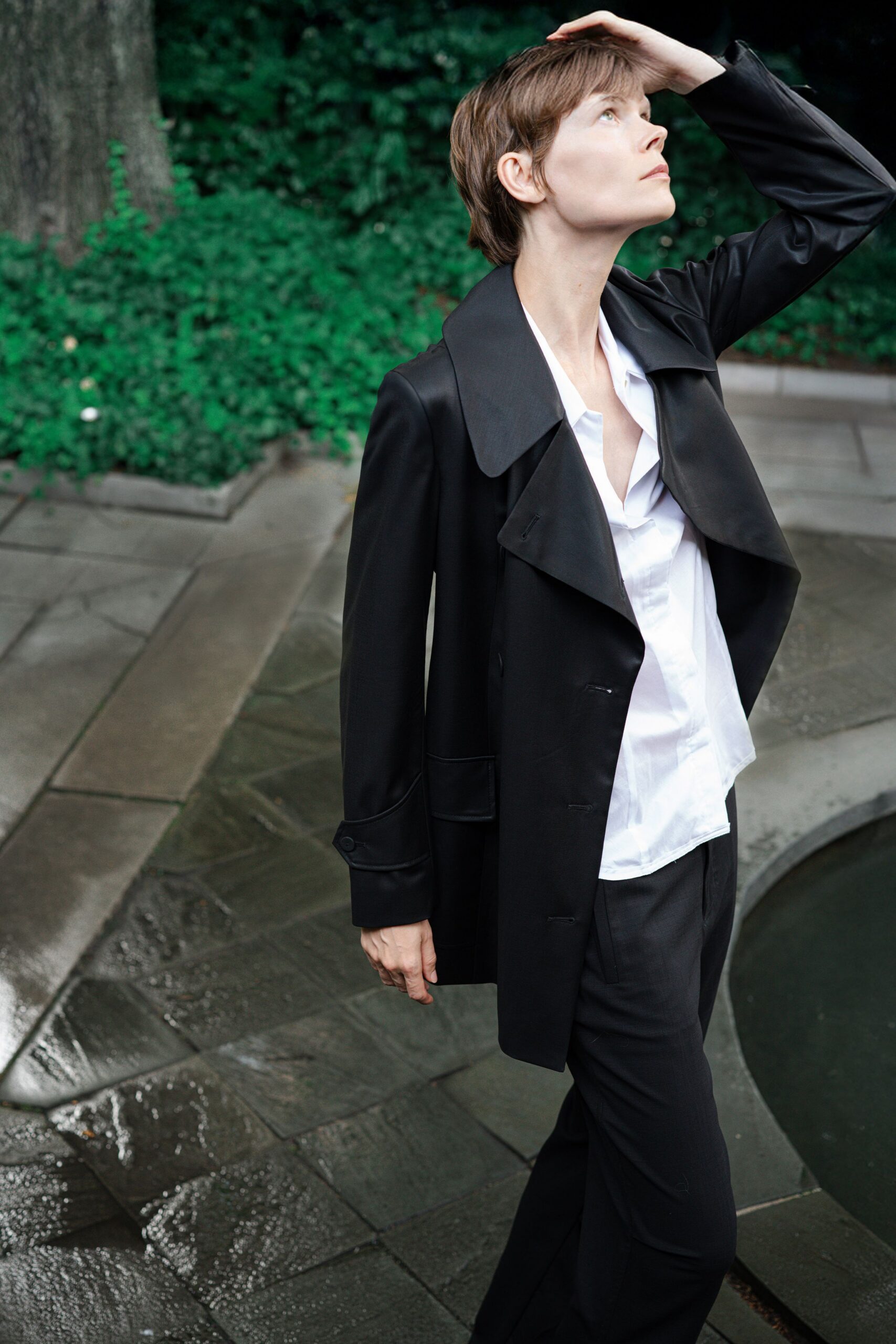 black leather coat with white shirt
