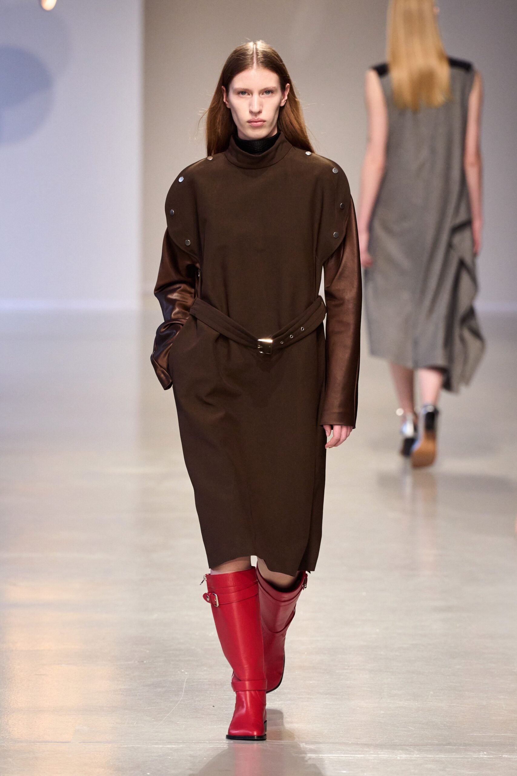 brown midi dress with red boots