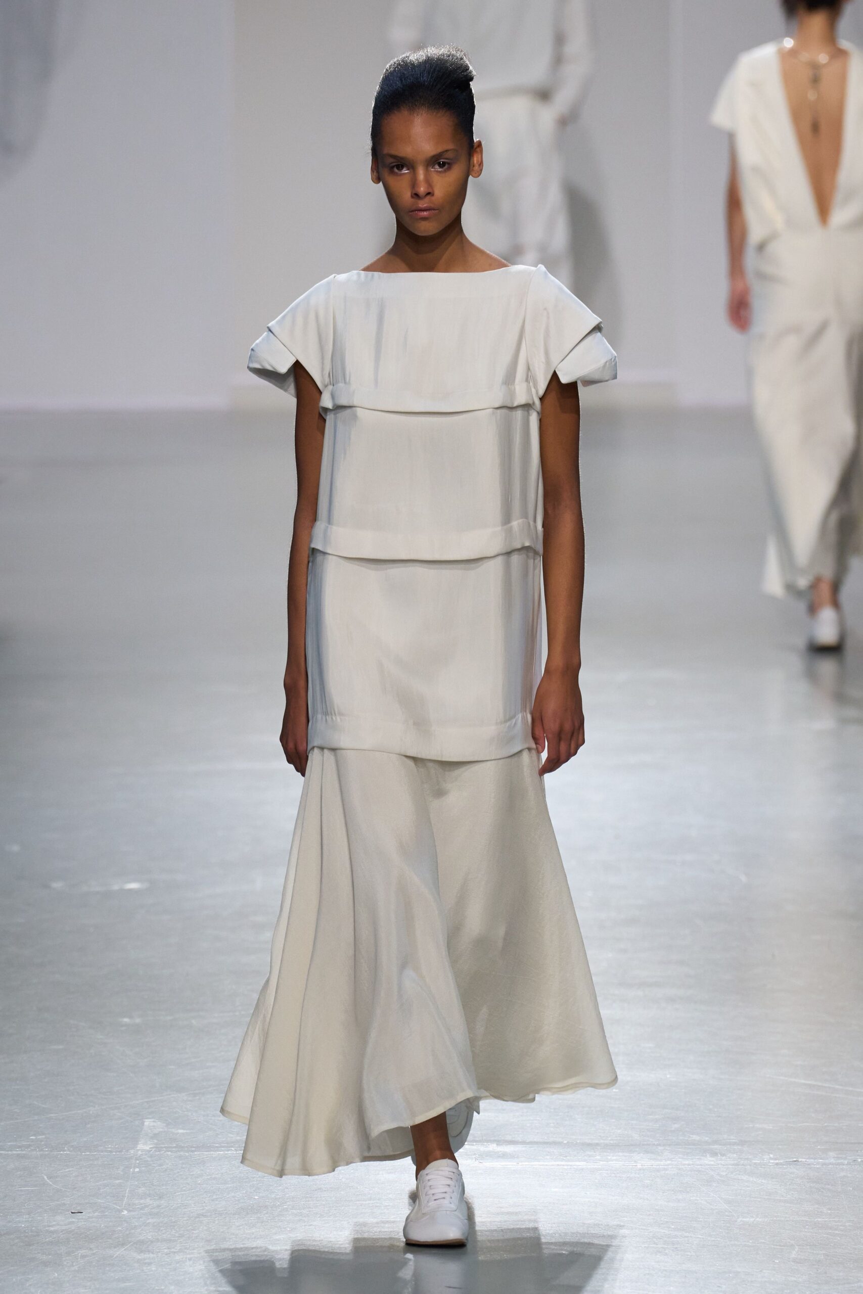 white silk short-sleeve square-neck relaxed layered flowing top
