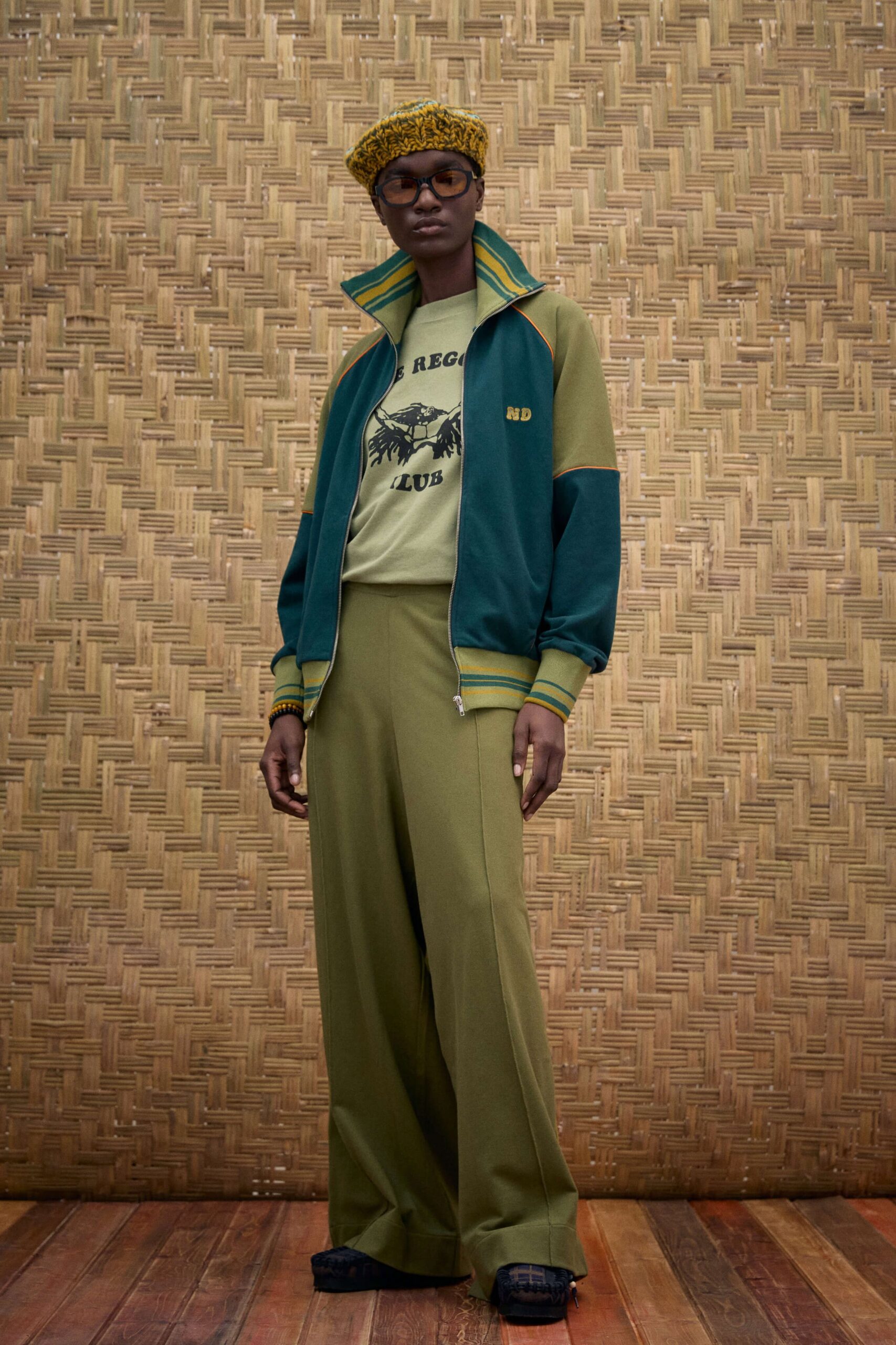 green relaxed jacket with wide-leg pants