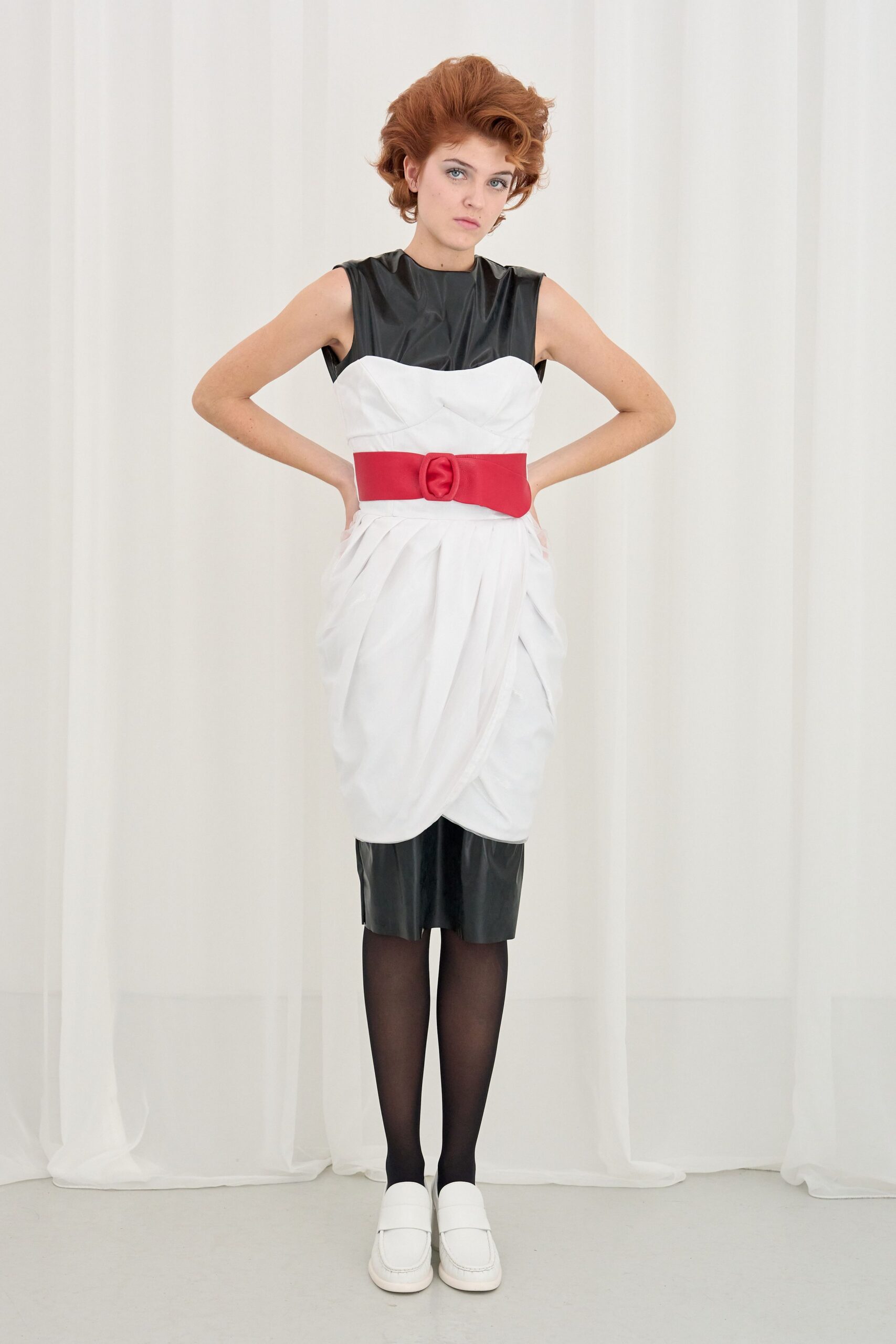 black leather sleeveless high-neck fitted draped belted dress