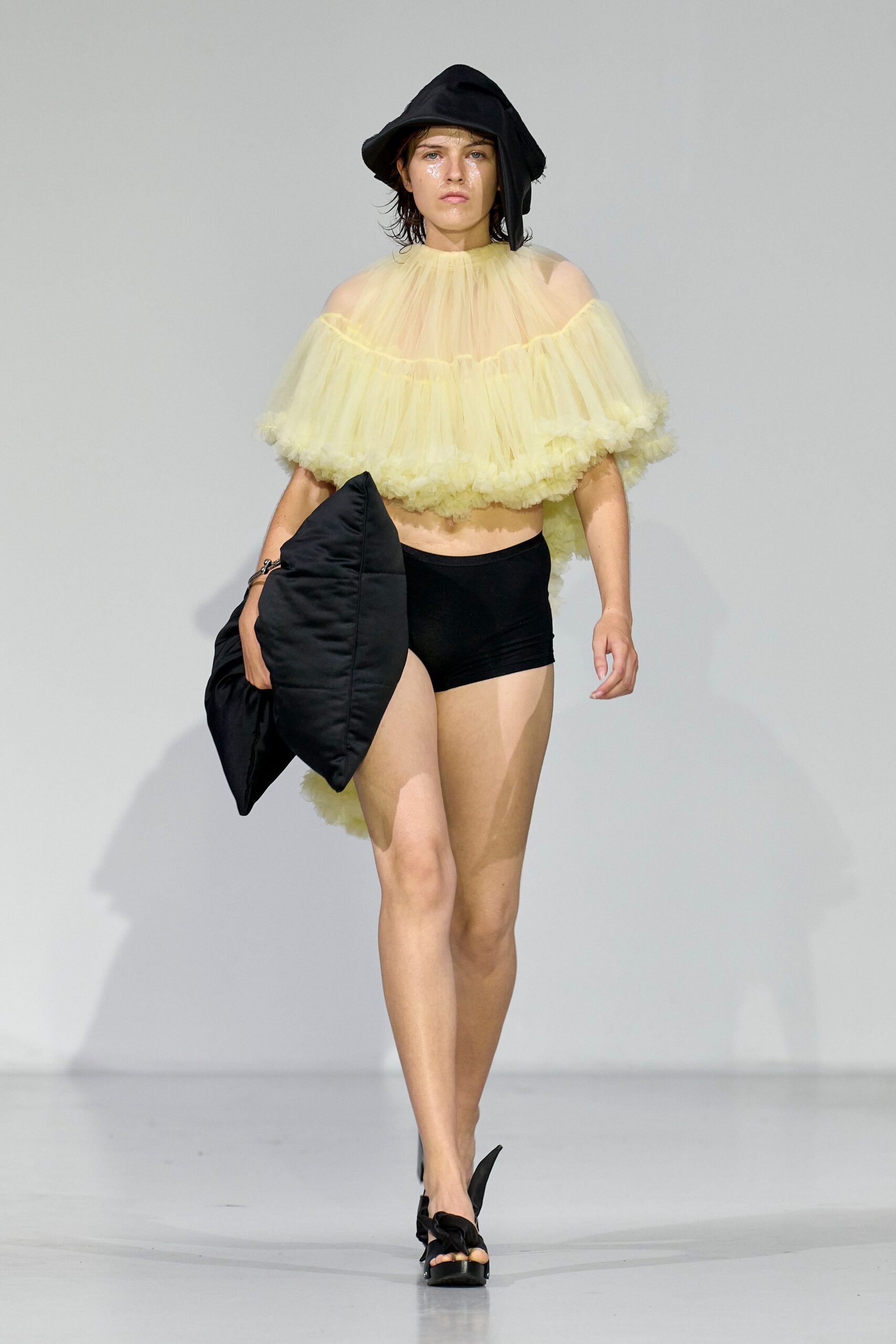 yellow tulle sleeveless high-neck relaxed ruffled flowing top