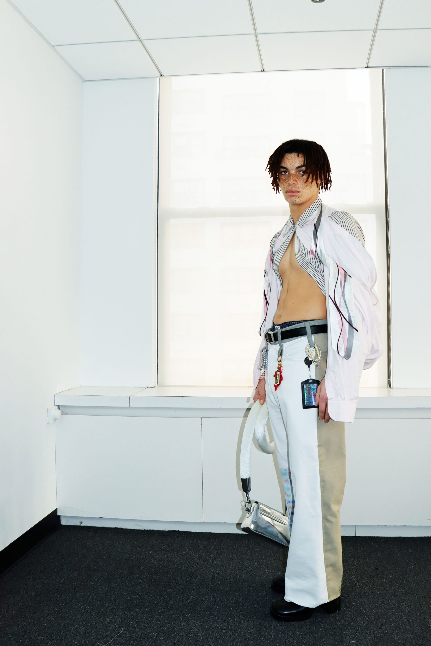 white fitted shirt beige tailored pants