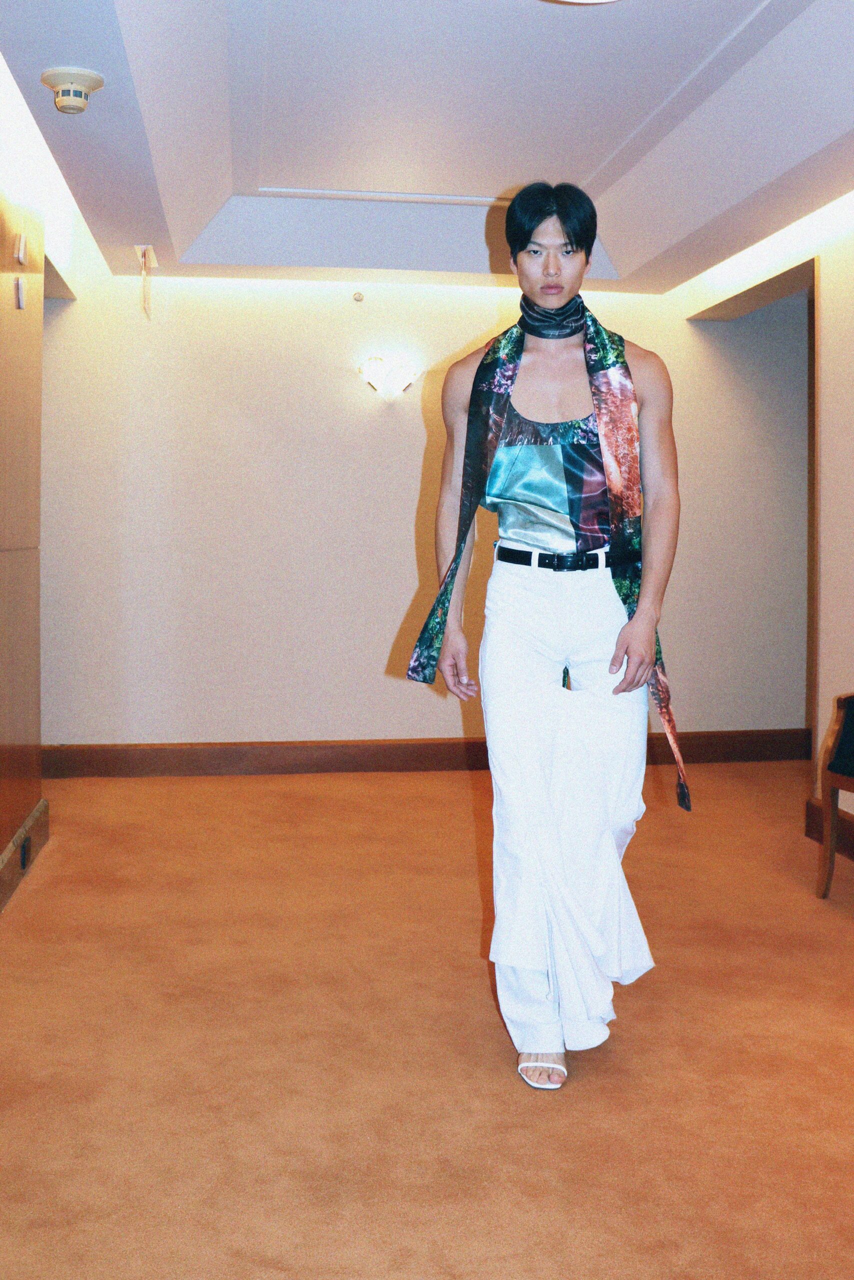 green silk sleeveless high-neck fitted layered top