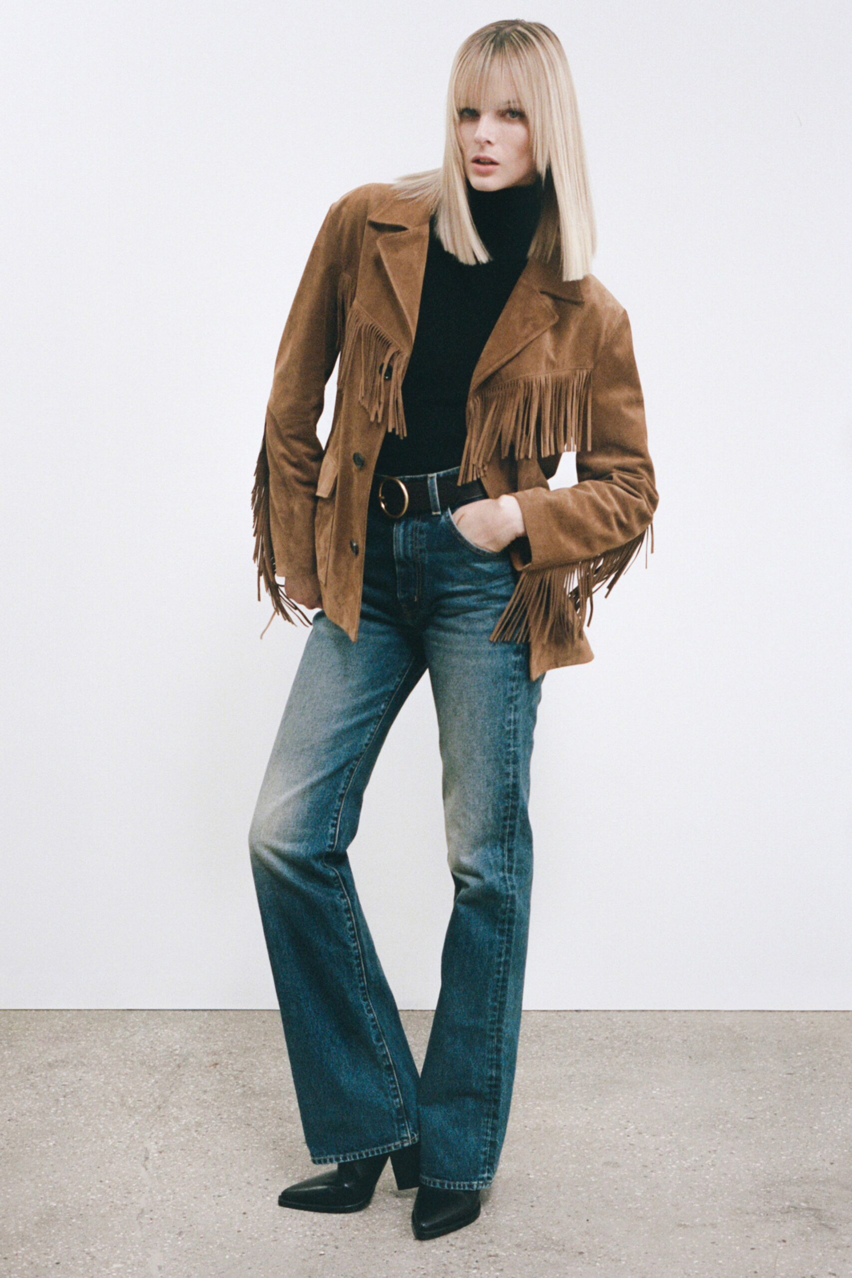 blue denim fitted flared jeans