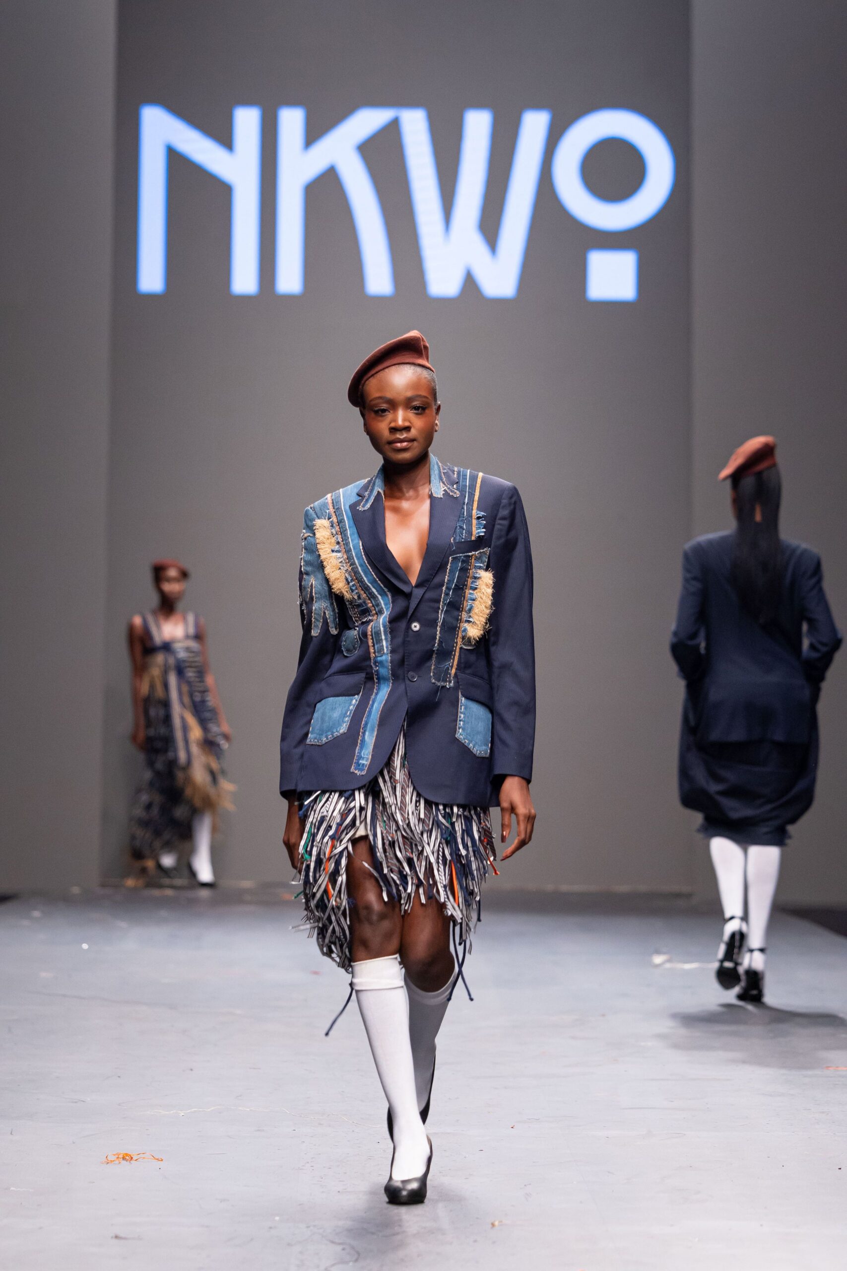 multi denim fitted fringed skirt