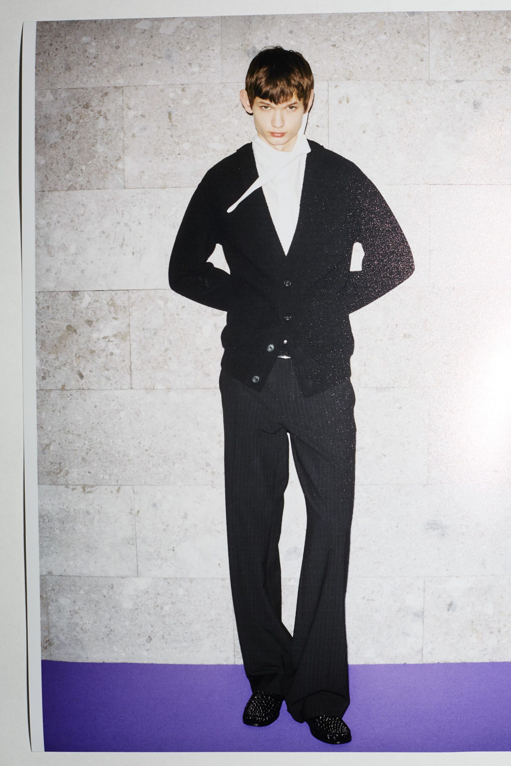 black wool long-sleeve collared relaxed buttoned cardigan