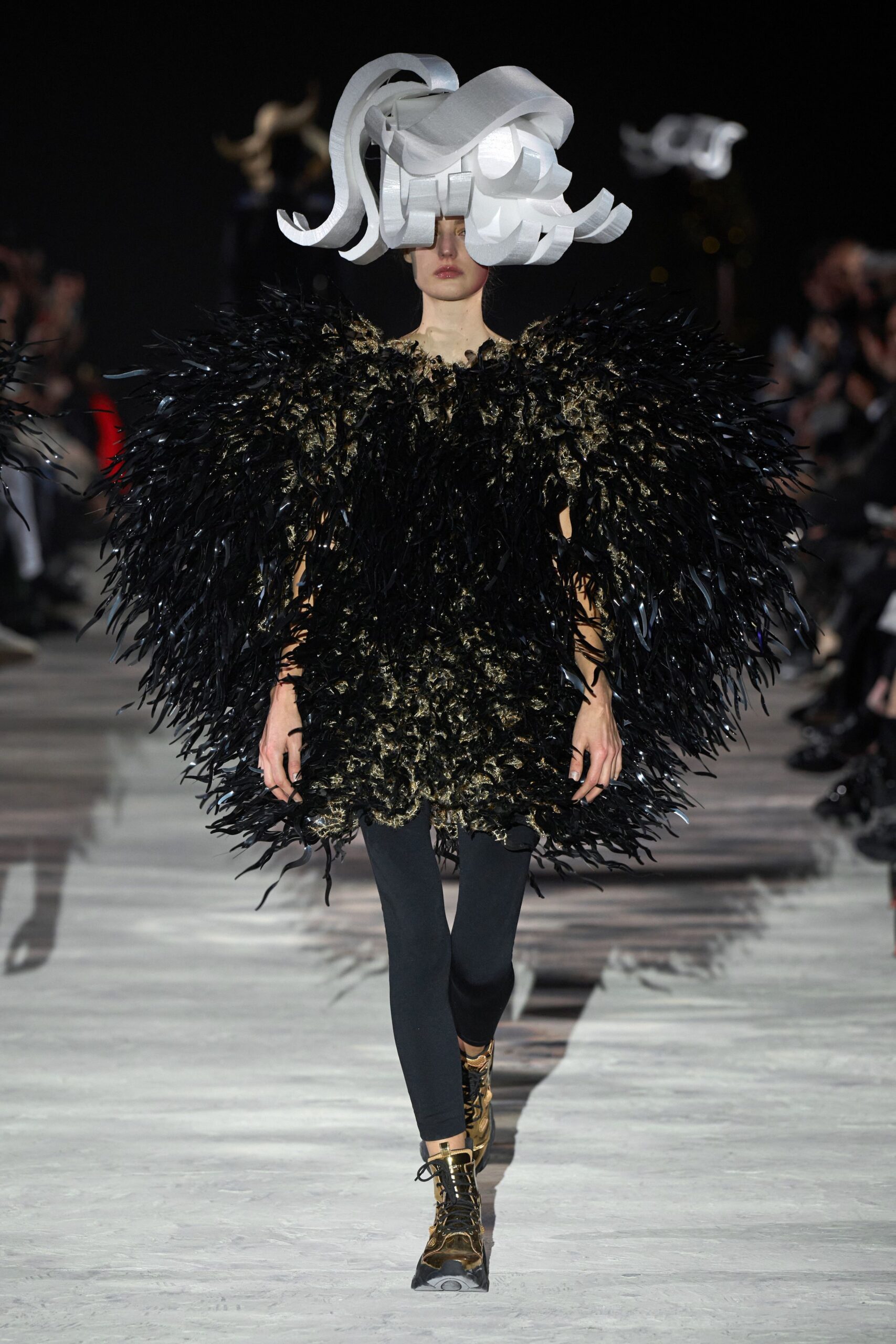 black gold ruffled dress with leggings
