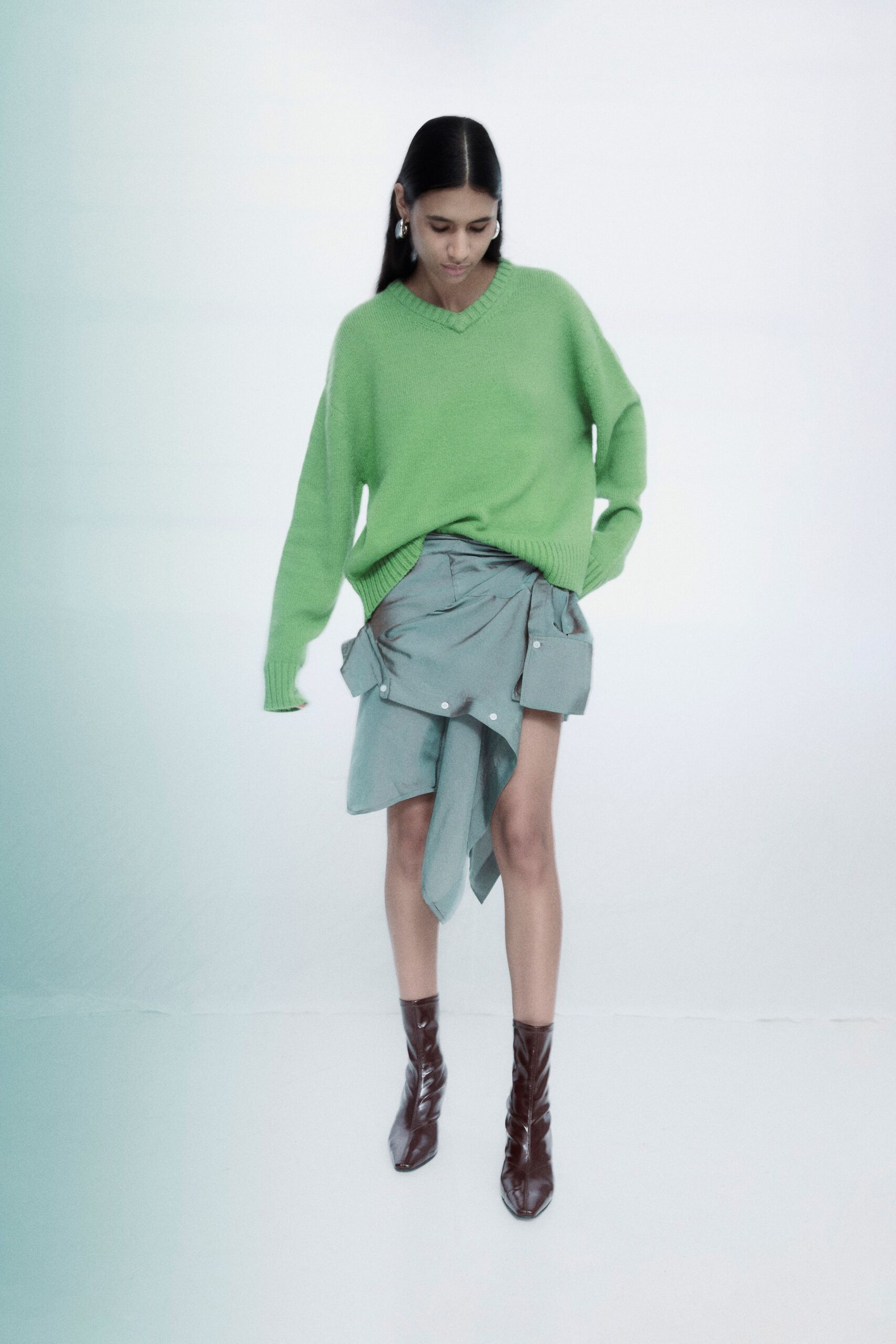 green wool long-sleeve v-neck oversized sweater