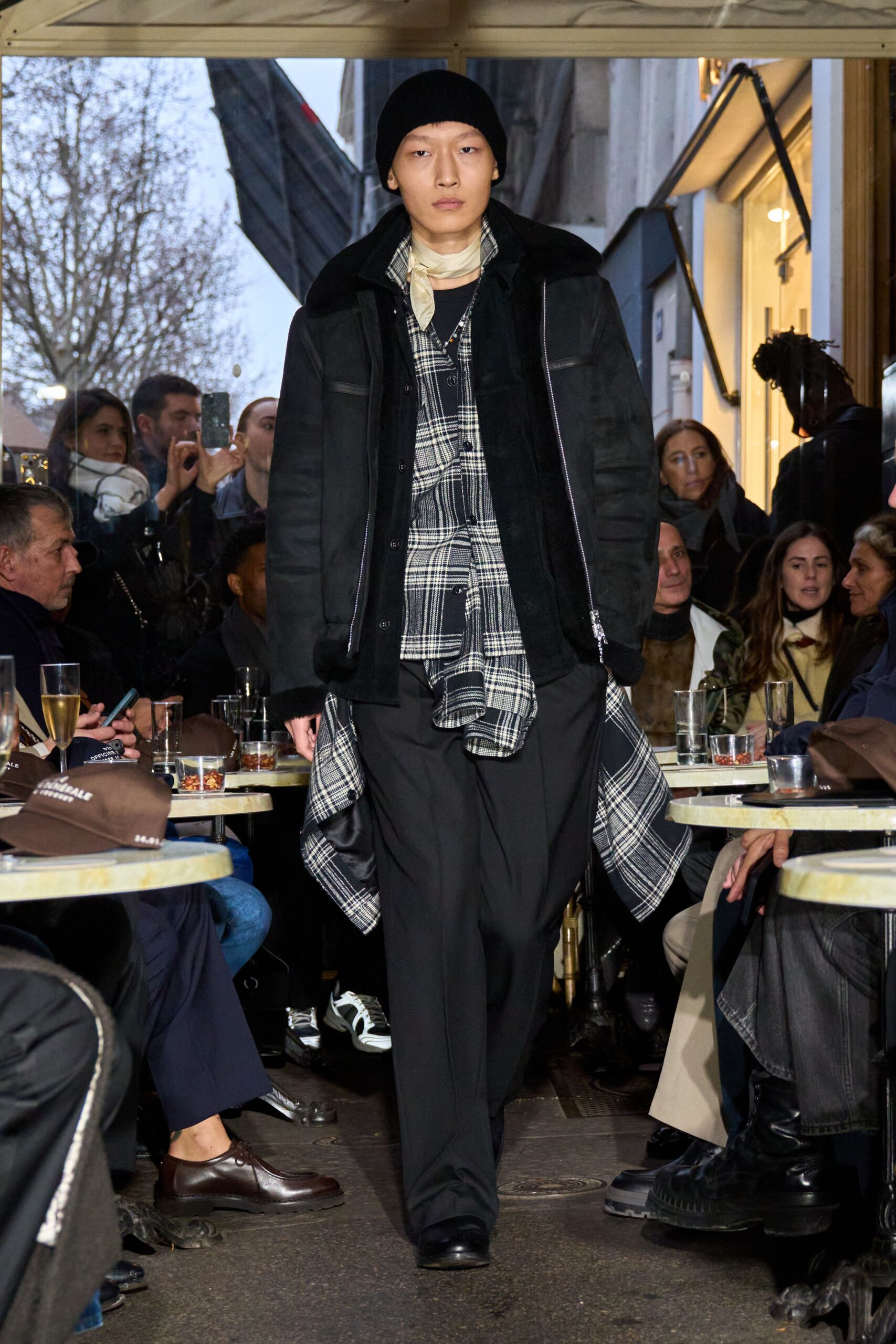 black faux-fur jacket with checked shirt