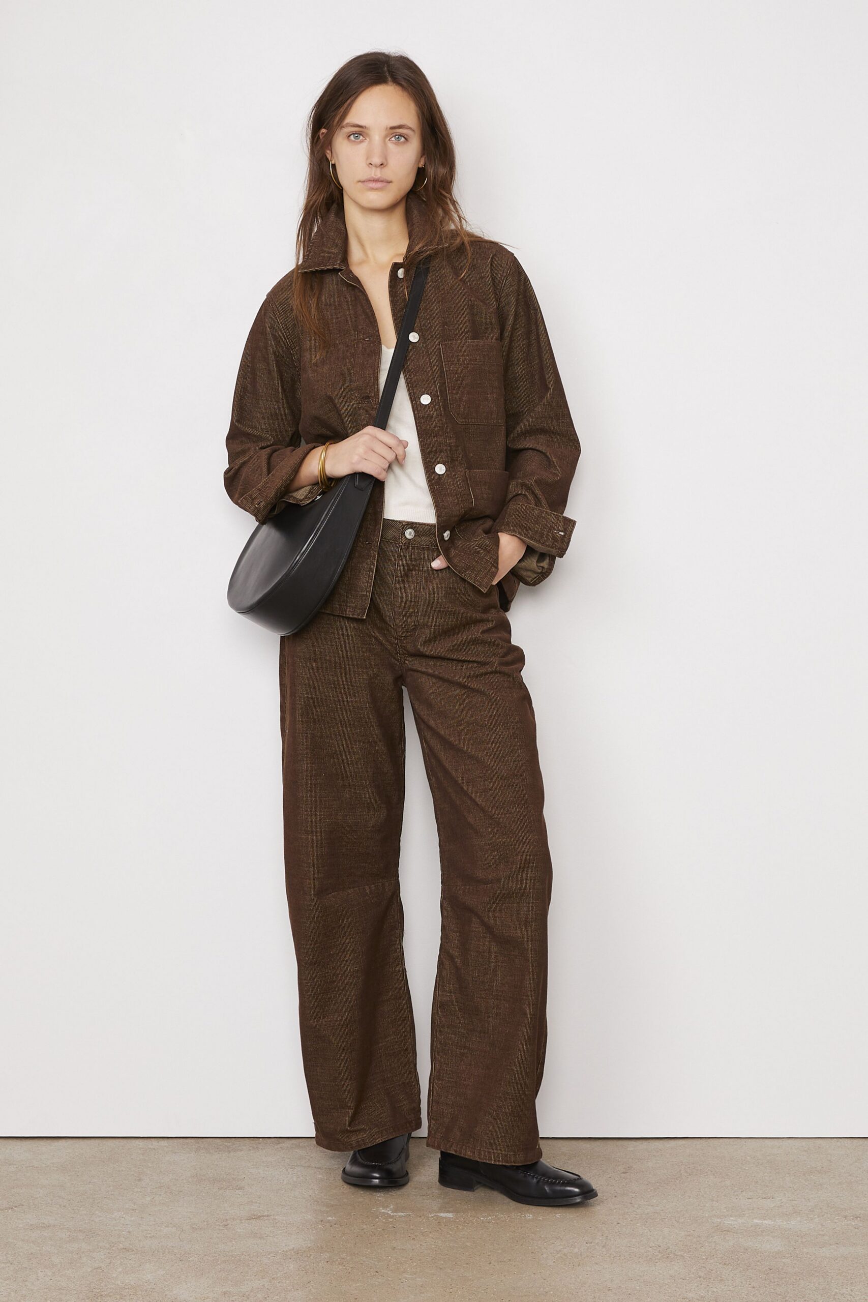 brown relaxed jacket with wide-leg pants