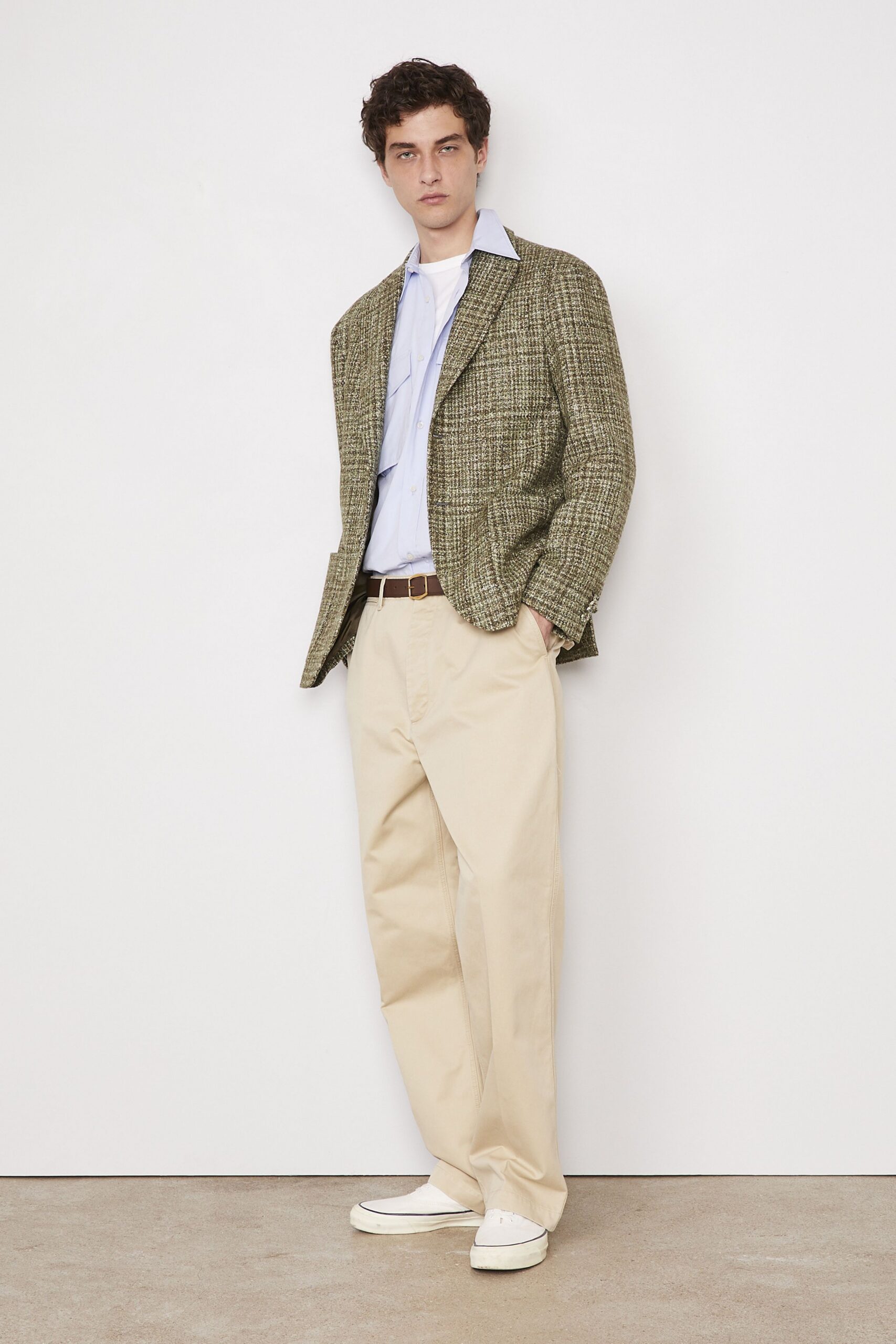 green tweed long-sleeve collared tailored buttoned blazer