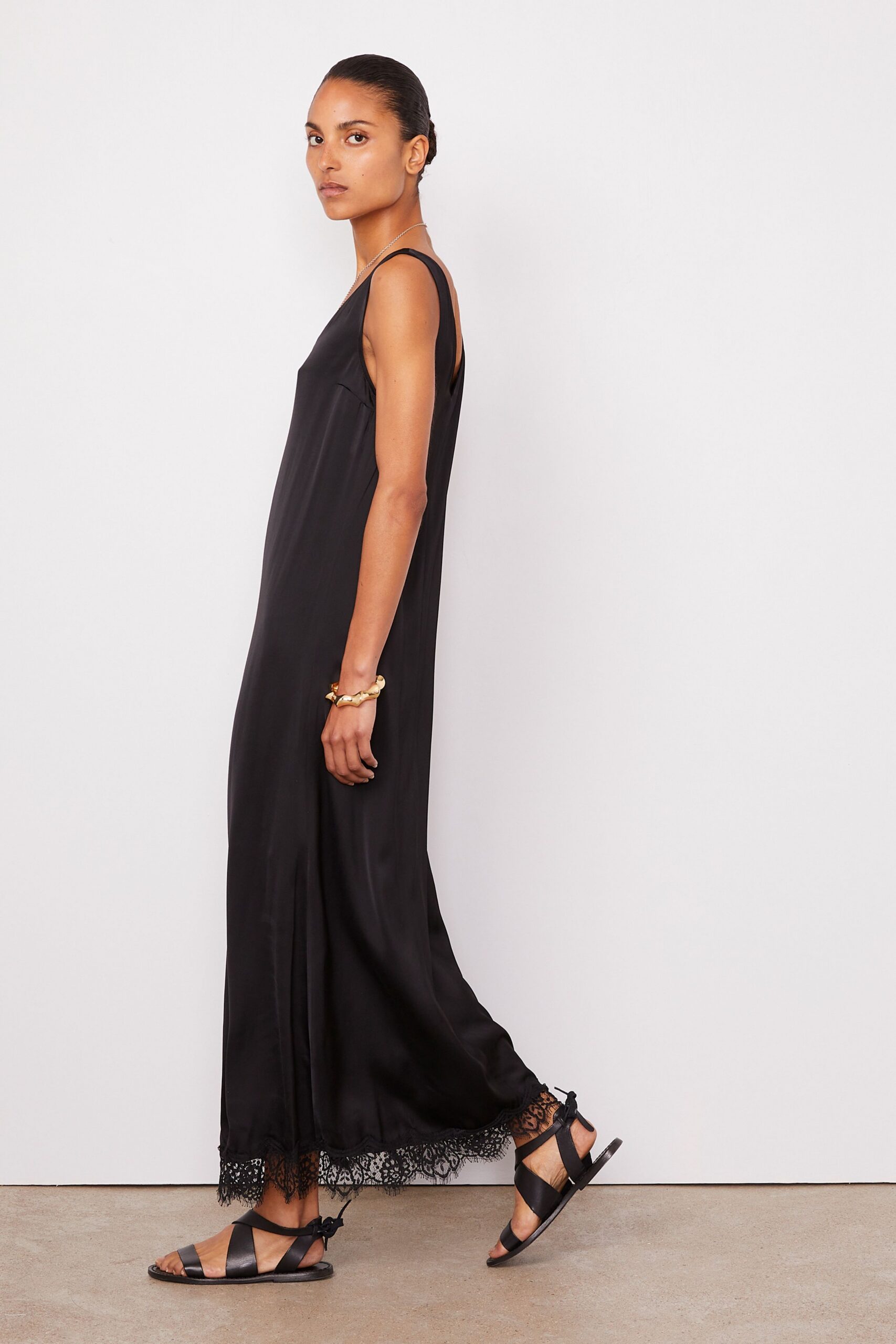 black silk sleeveless v-neck relaxed layered embroidered dress
