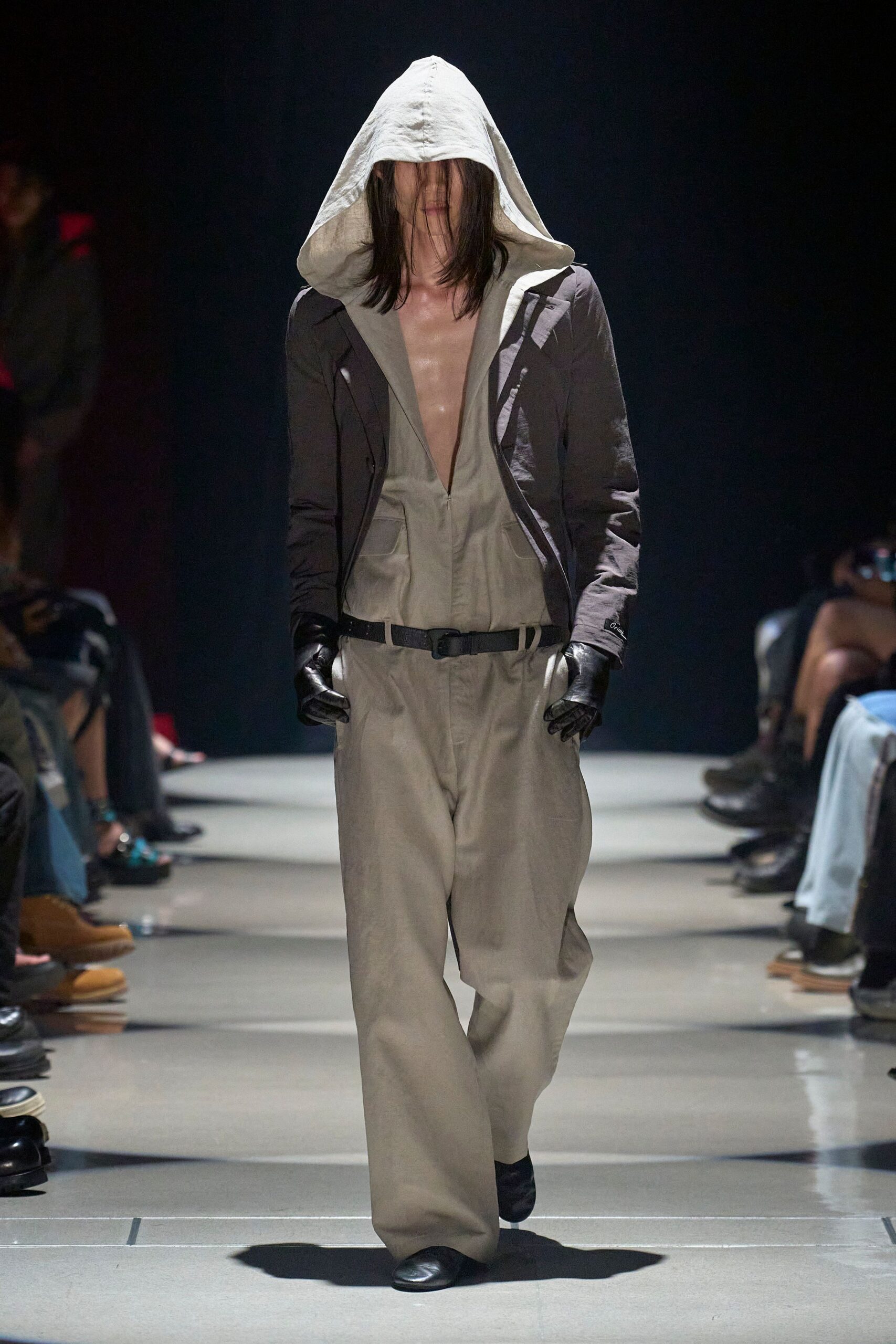 gray hooded jacket beige jumpsuit