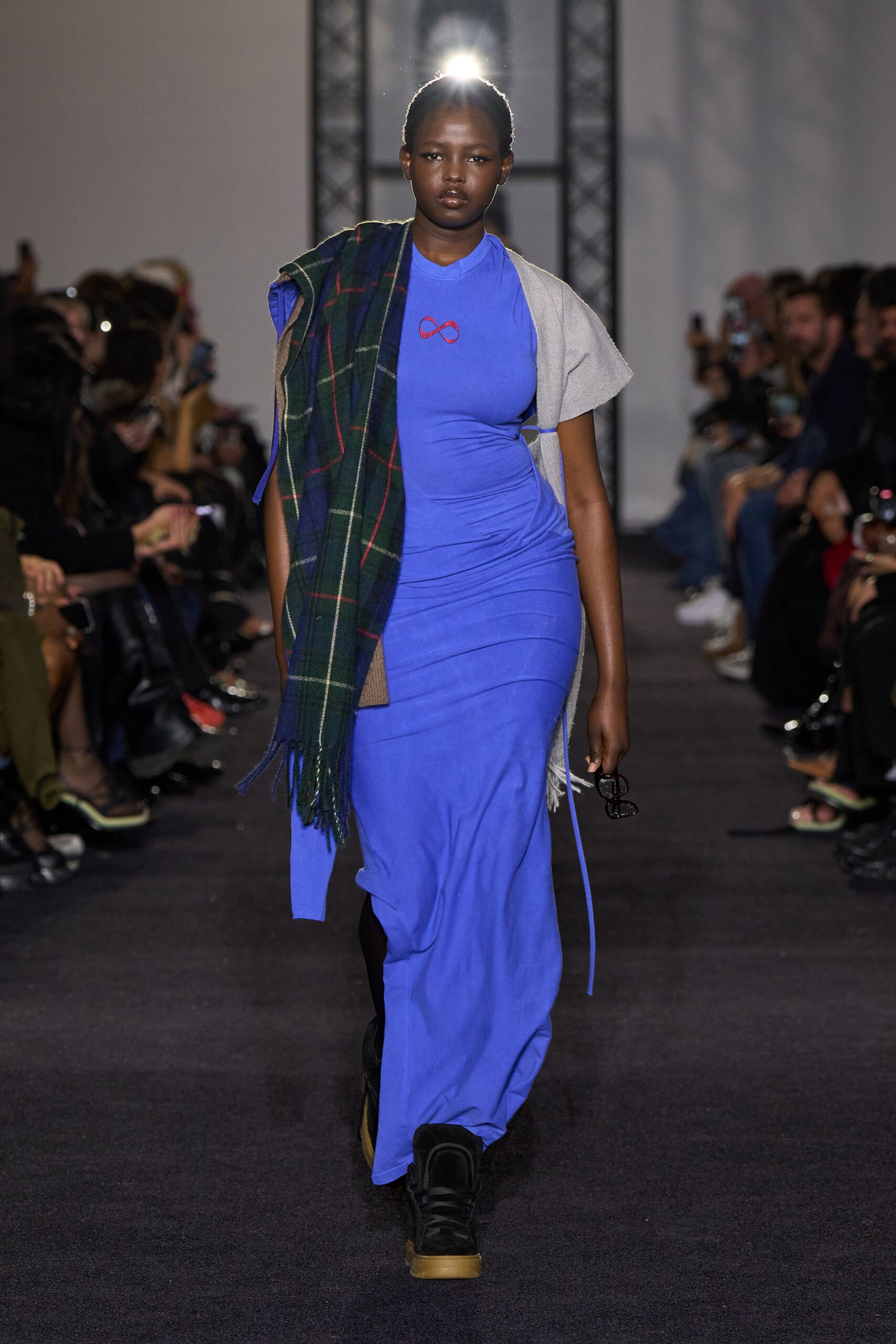 blue fitted midi dress with jacket