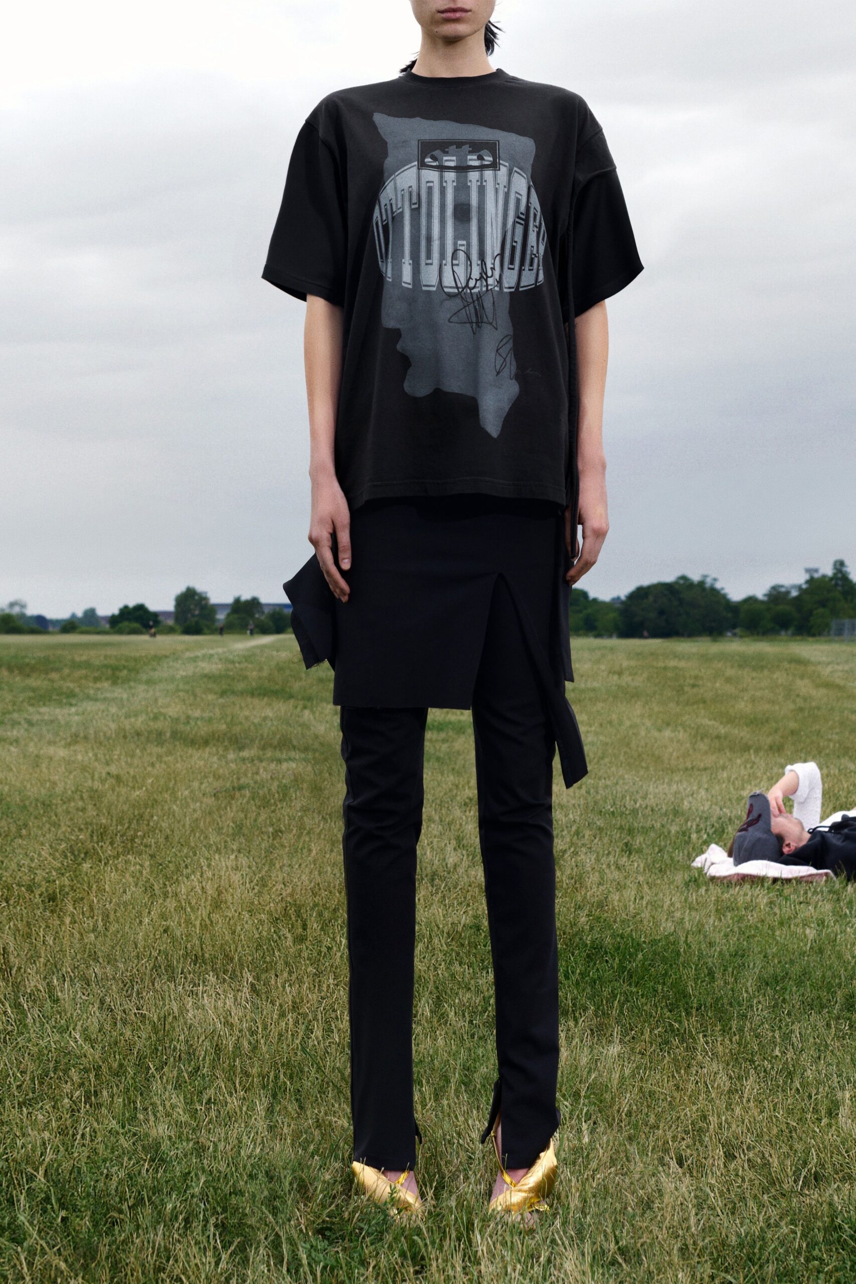 black cotton slit fitted straight-leg pants