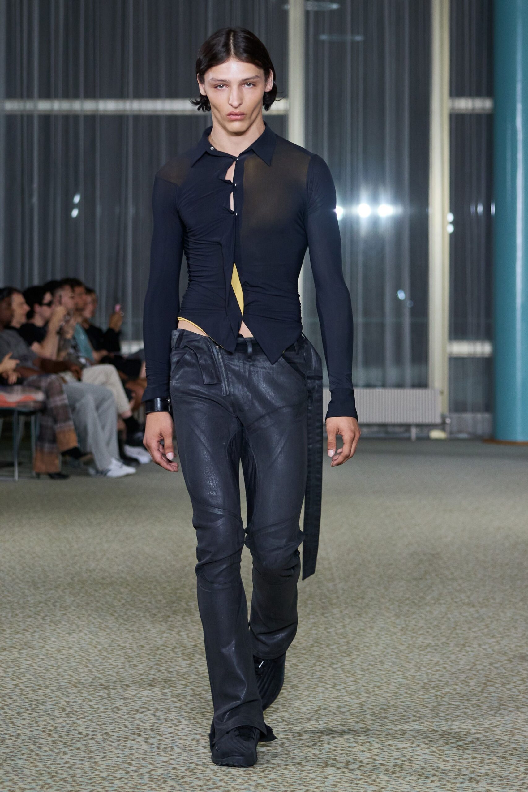 black cotton long-sleeve v-neck fitted buttoned sheer shirt