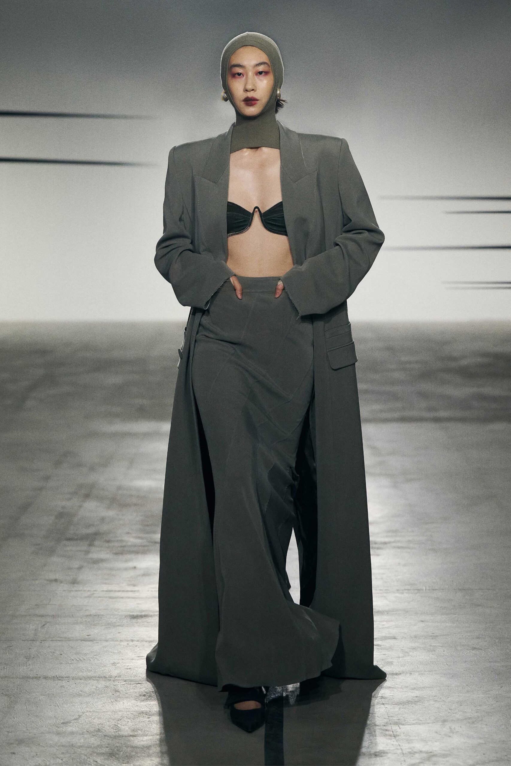 gray wool fitted straight-leg maxi skirt
