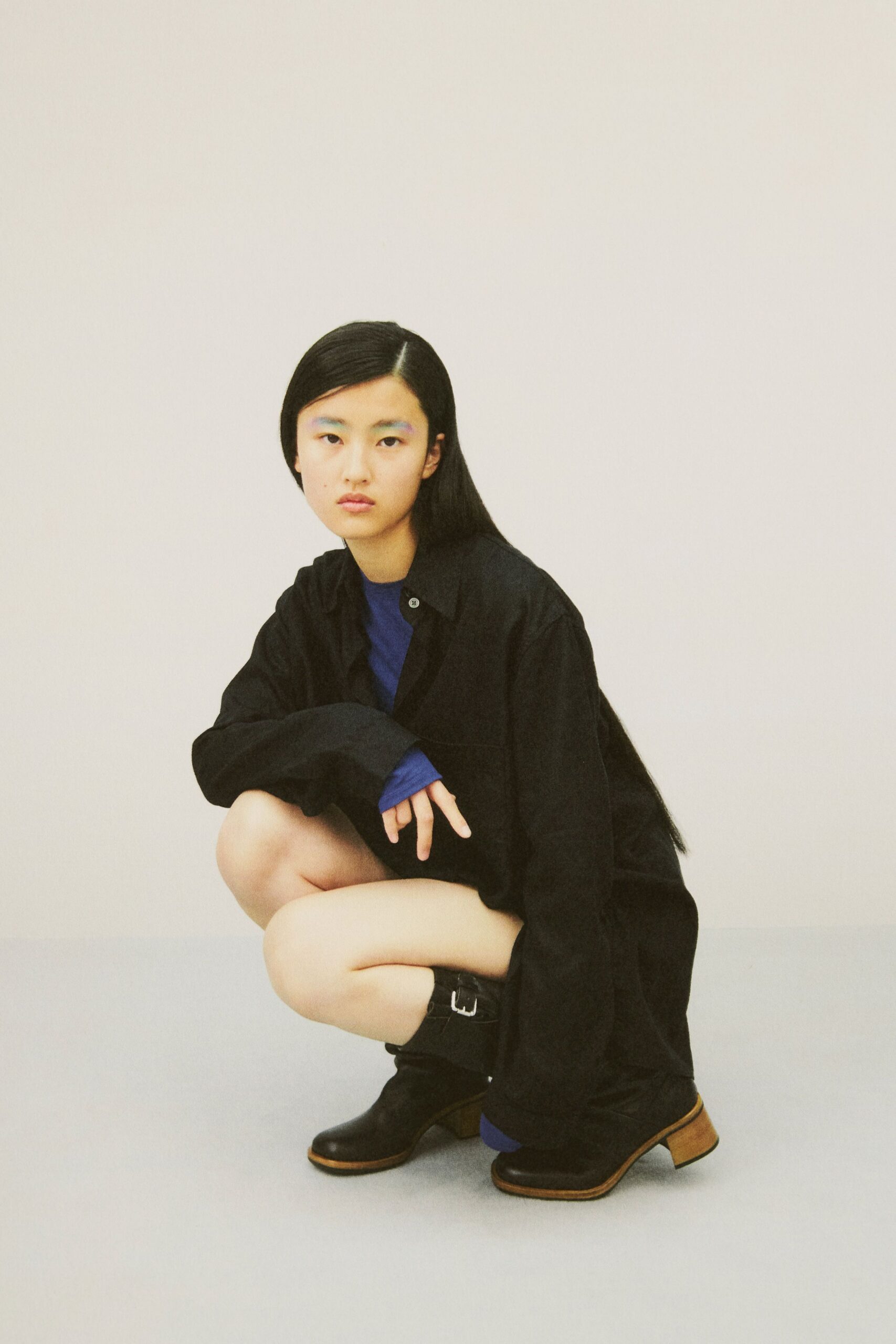 black shirt-dress with blue top