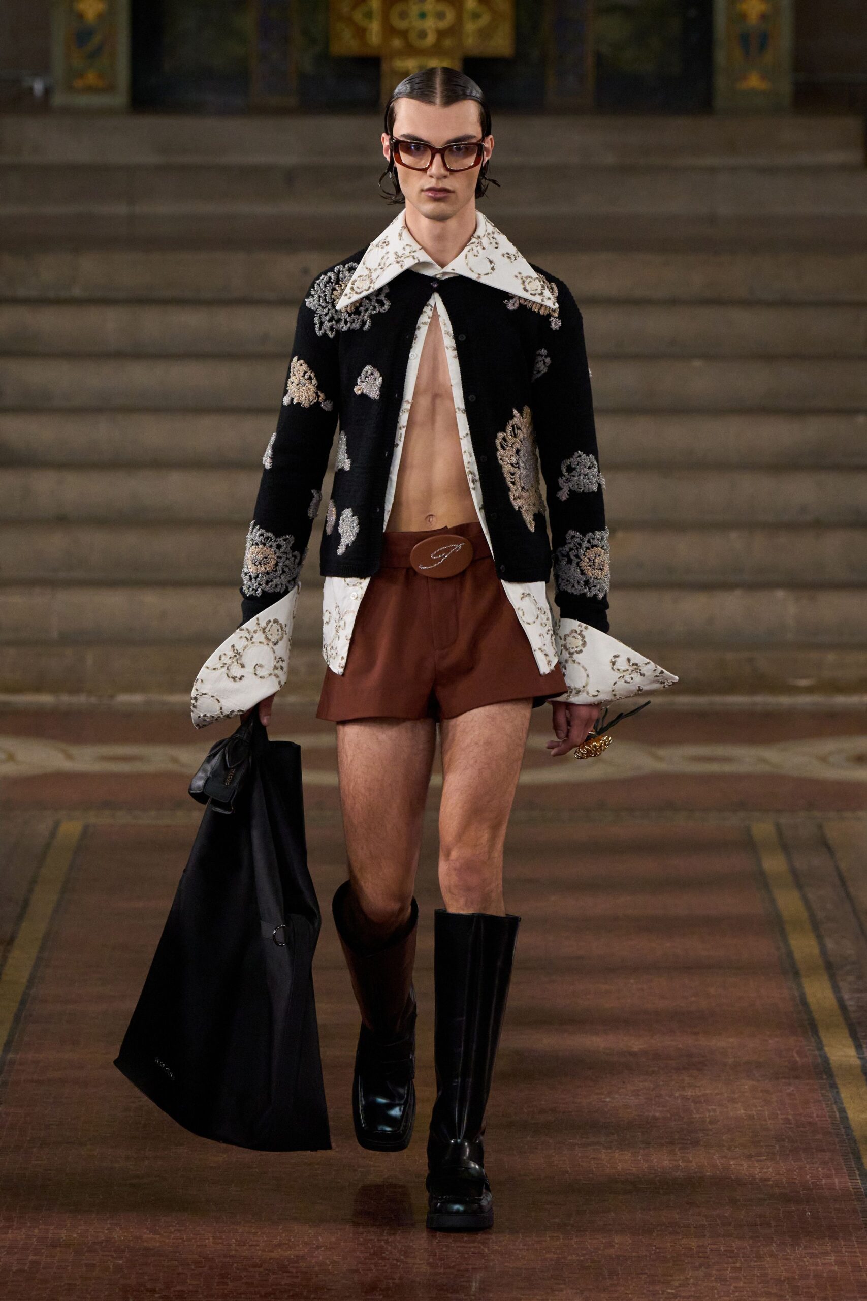 black embroidered jacket with shorts