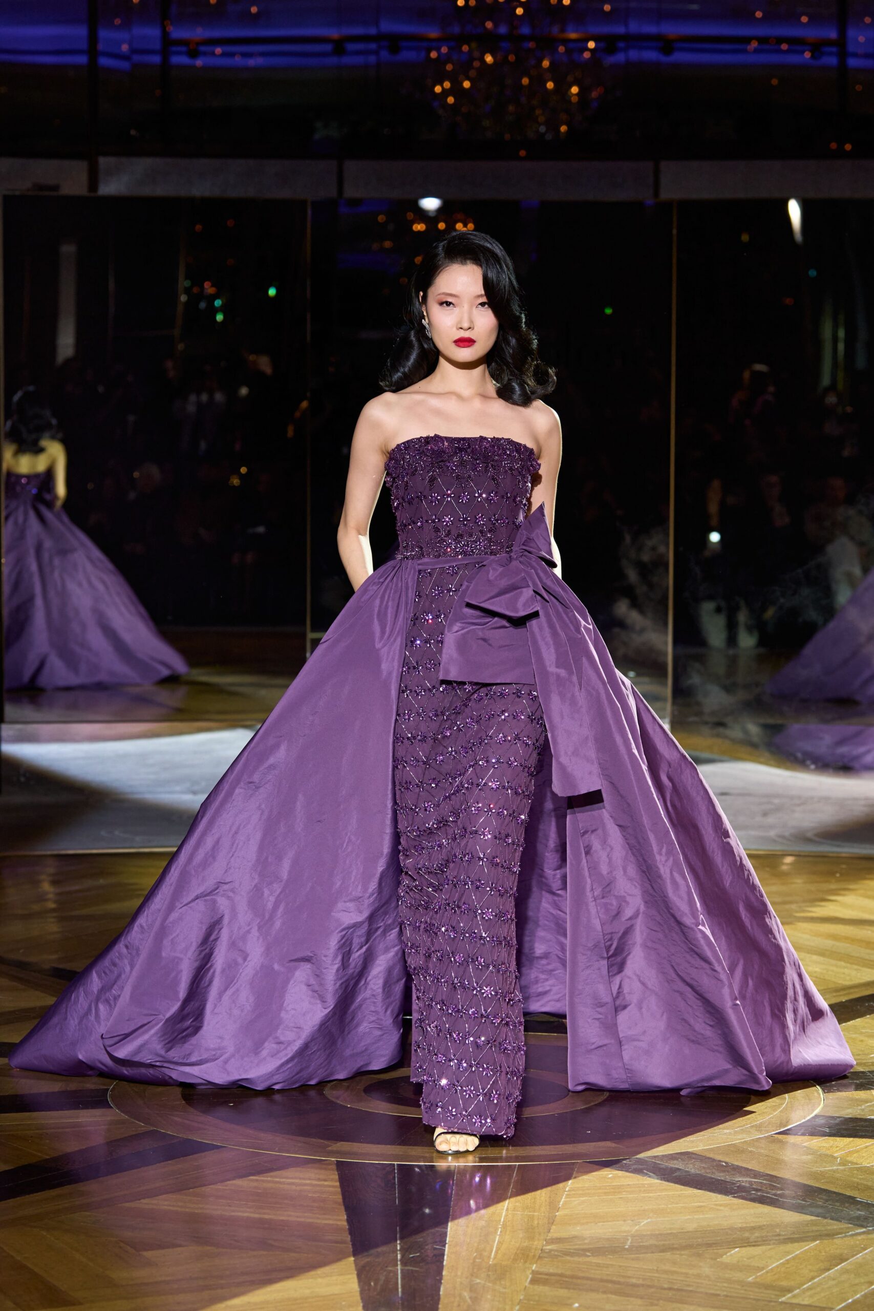 purple strapless embellished gown