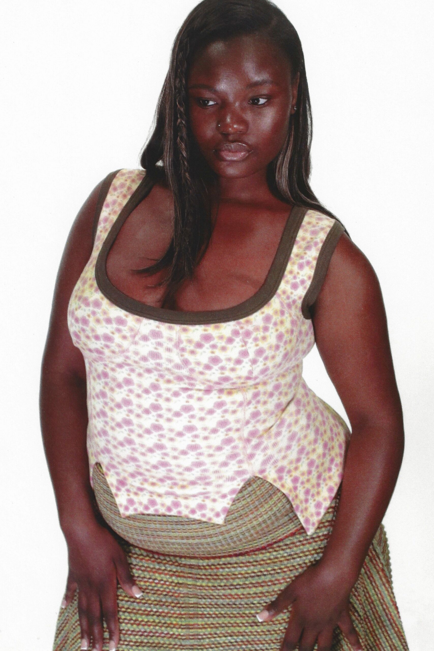 printed sleeveless top and tiered skirt
