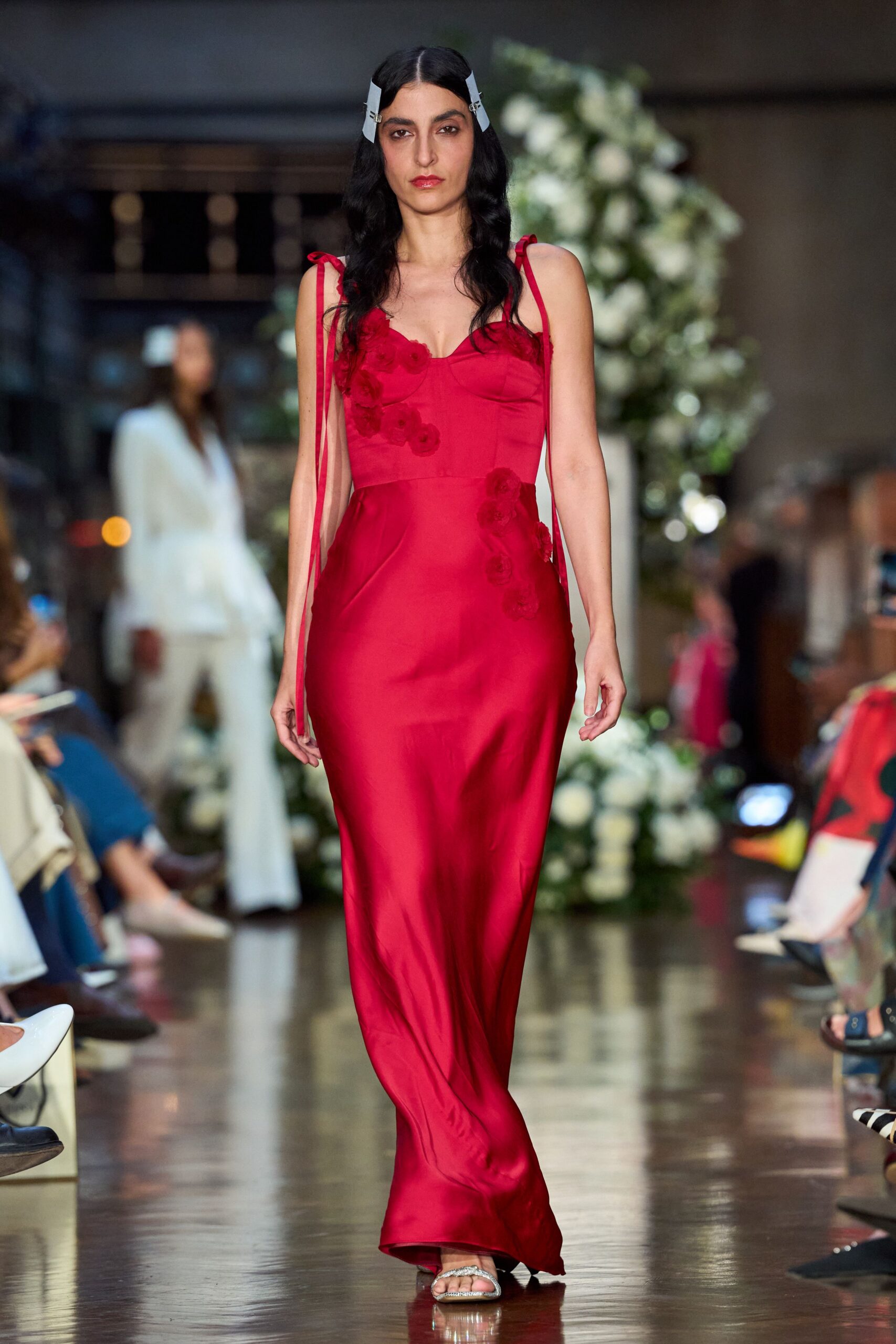 red silk fitted gown
