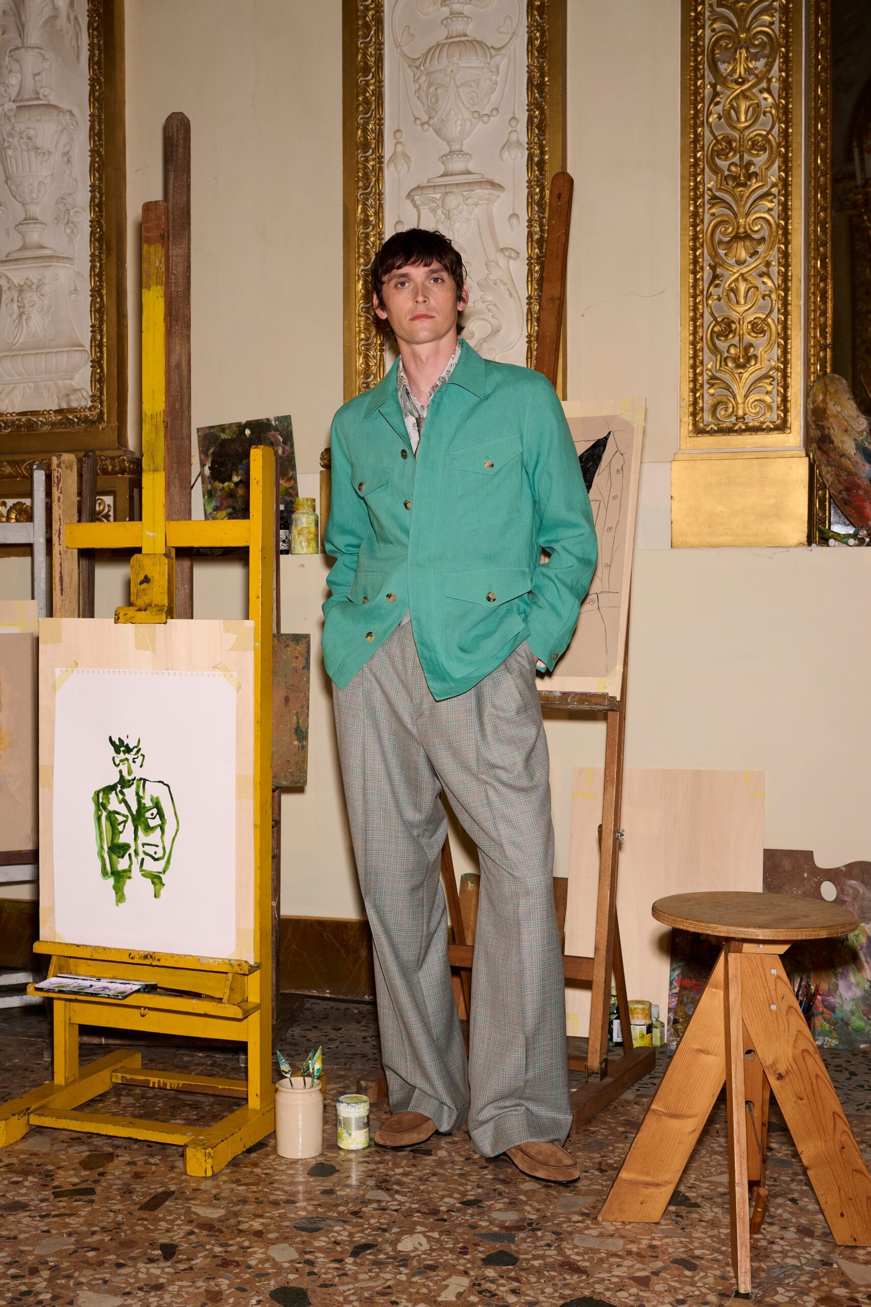 green cotton long-sleeve collared relaxed buttoned jacket
