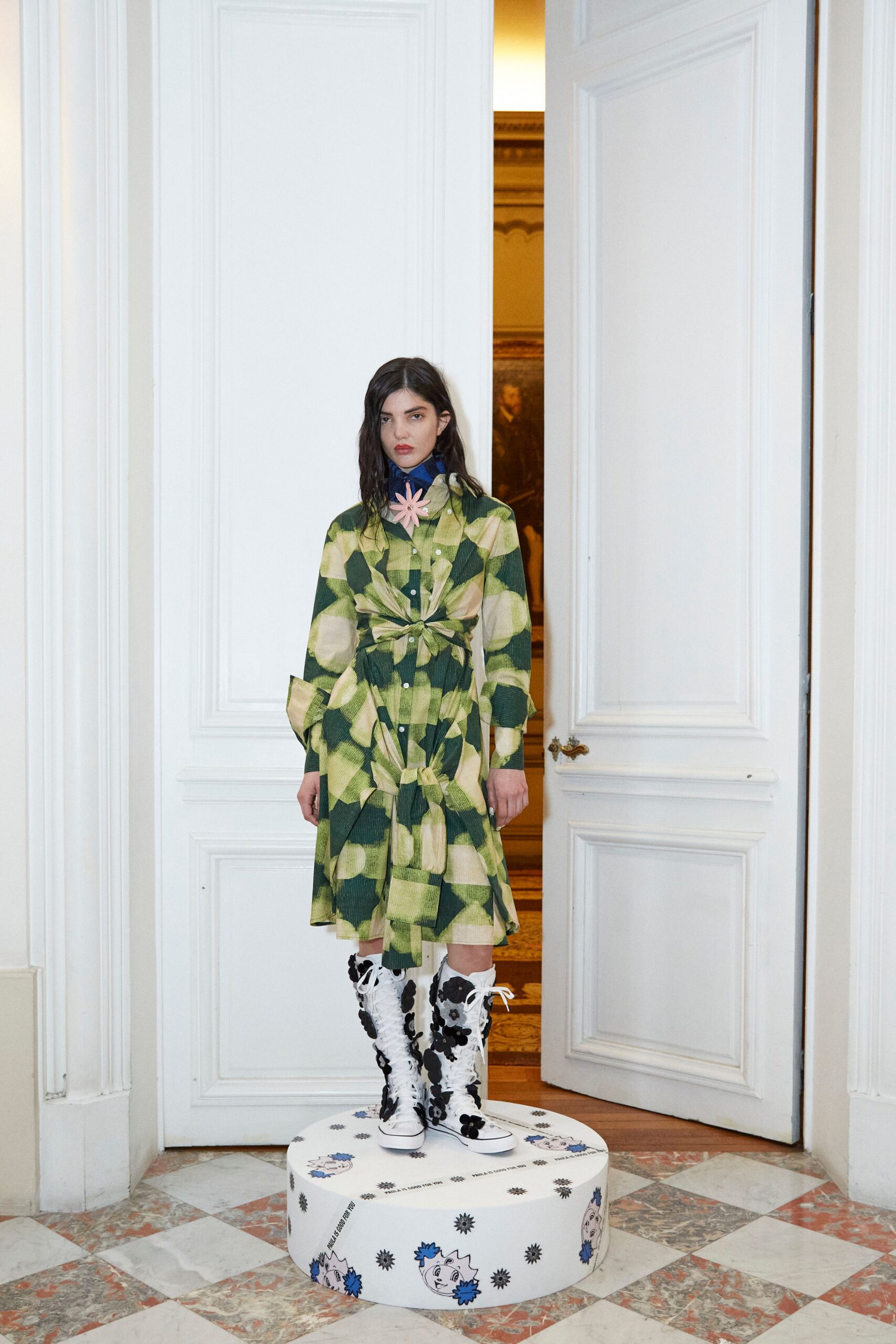 green cotton long-sleeve collared relaxed pleated belted dress