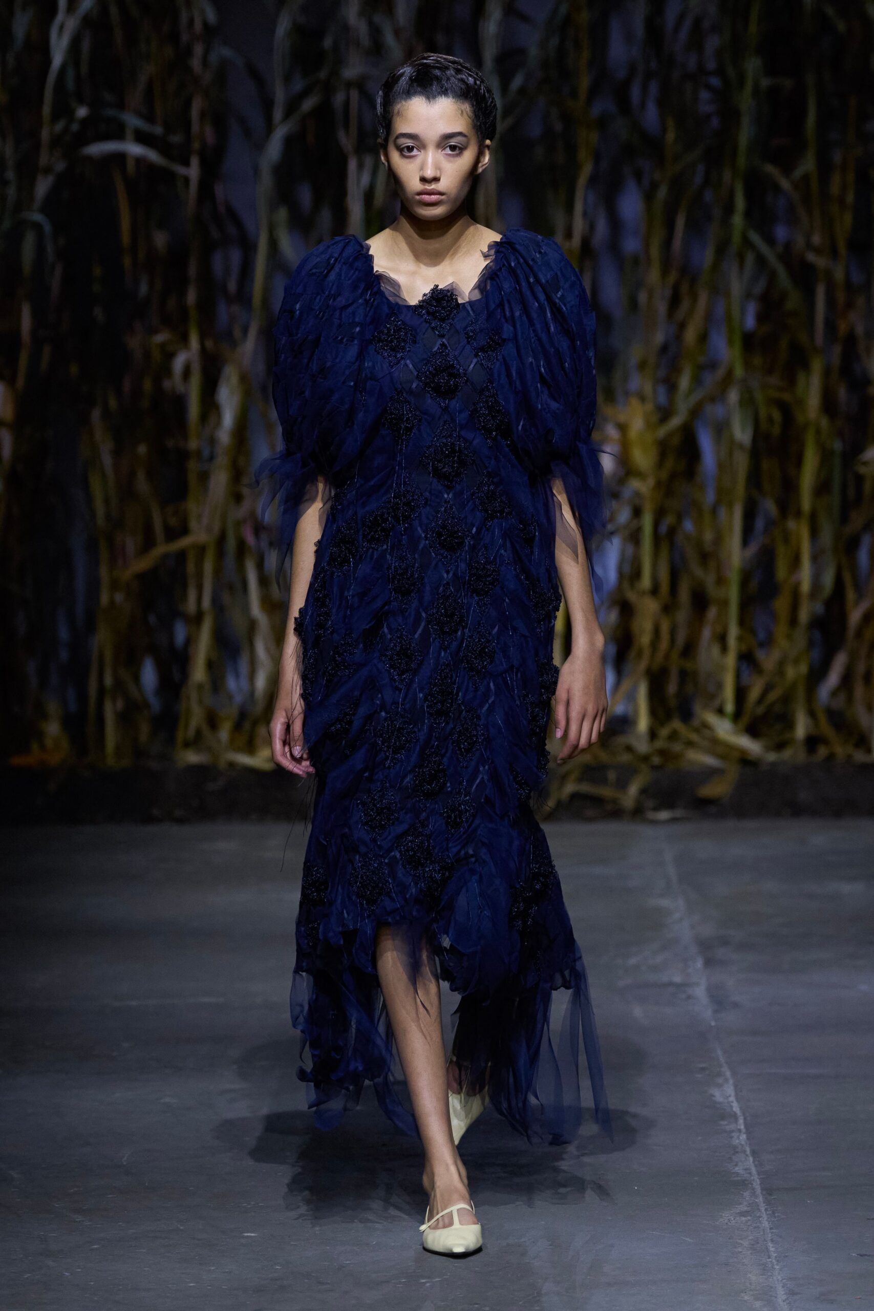 blue tulle ruffled gown