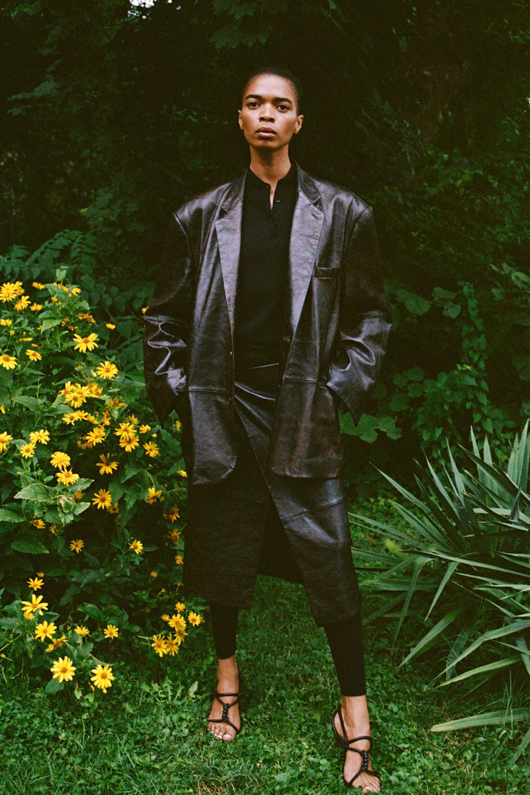 black leather long-sleeve collared structured blazer