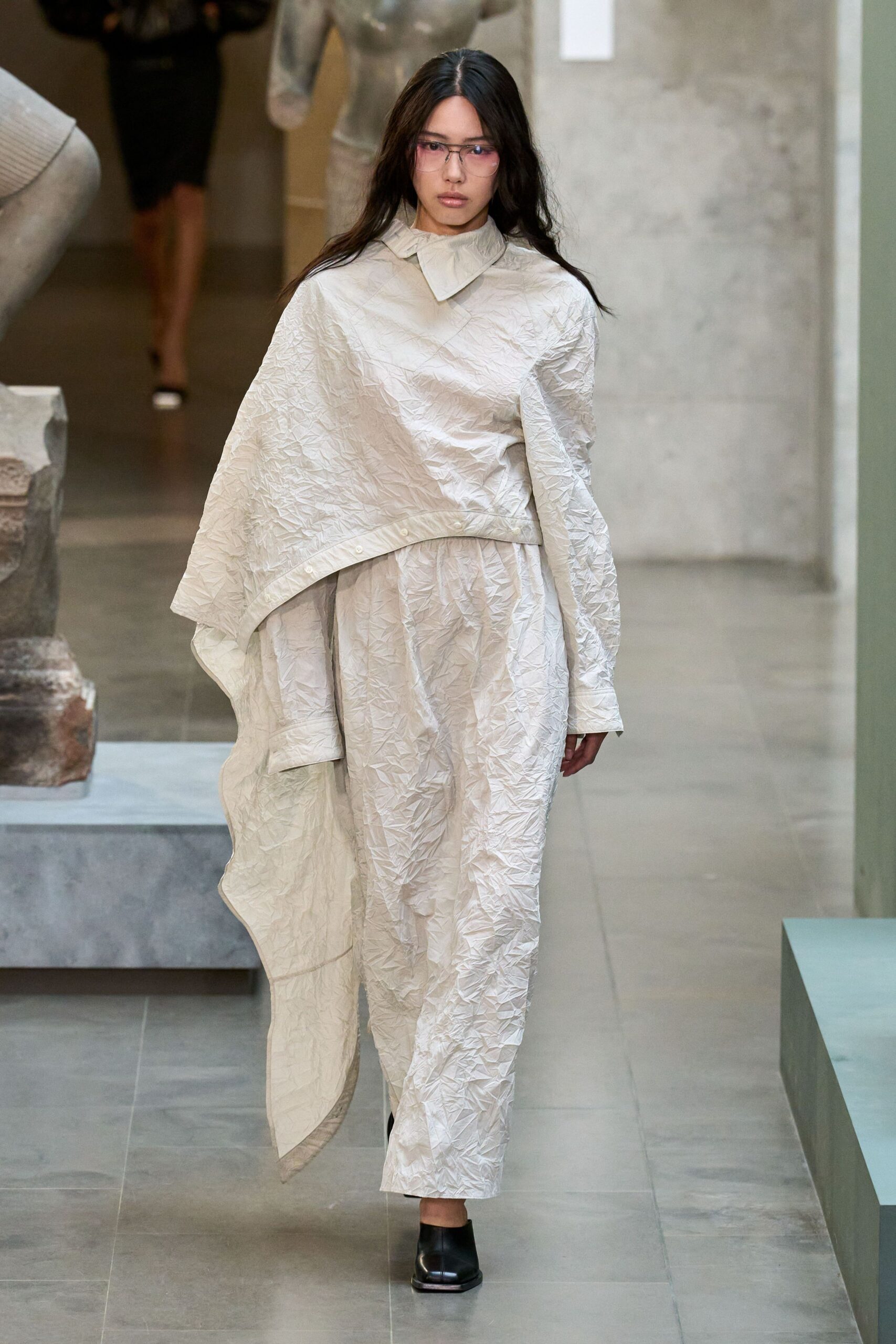 beige cotton long-sleeve collared relaxed draped textured dress