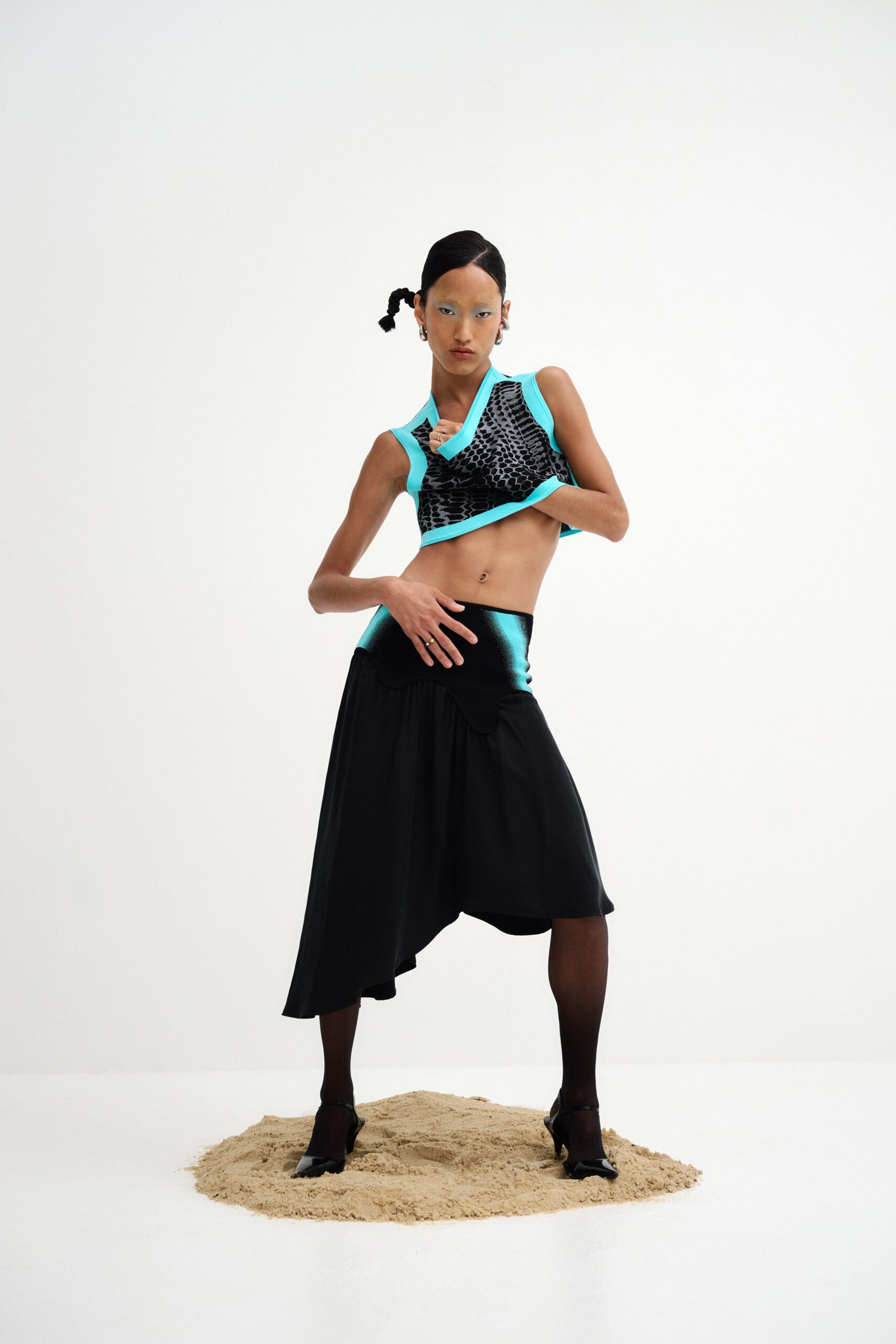 black silk asymmetric relaxed pleated midi skirt
