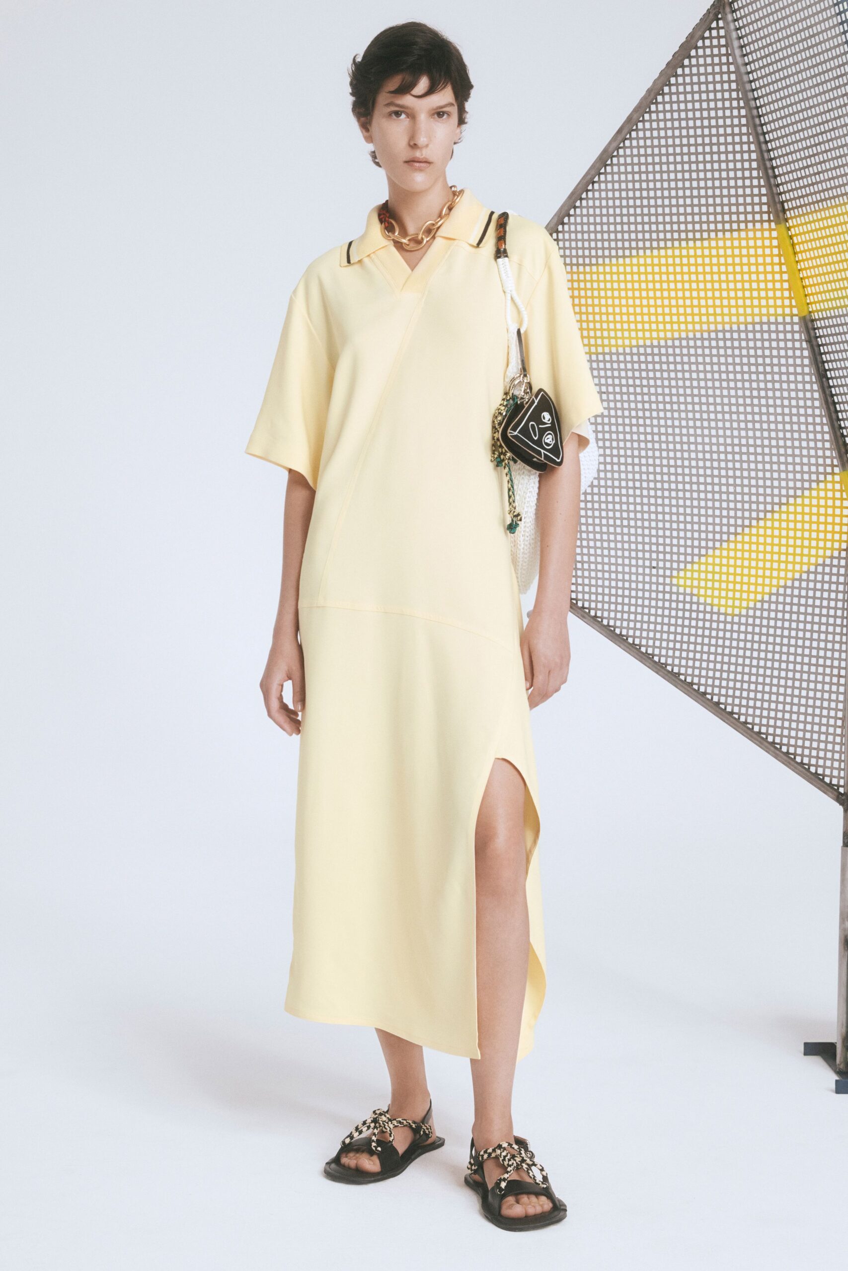 yellow cotton short-sleeve v-neck relaxed midi dress