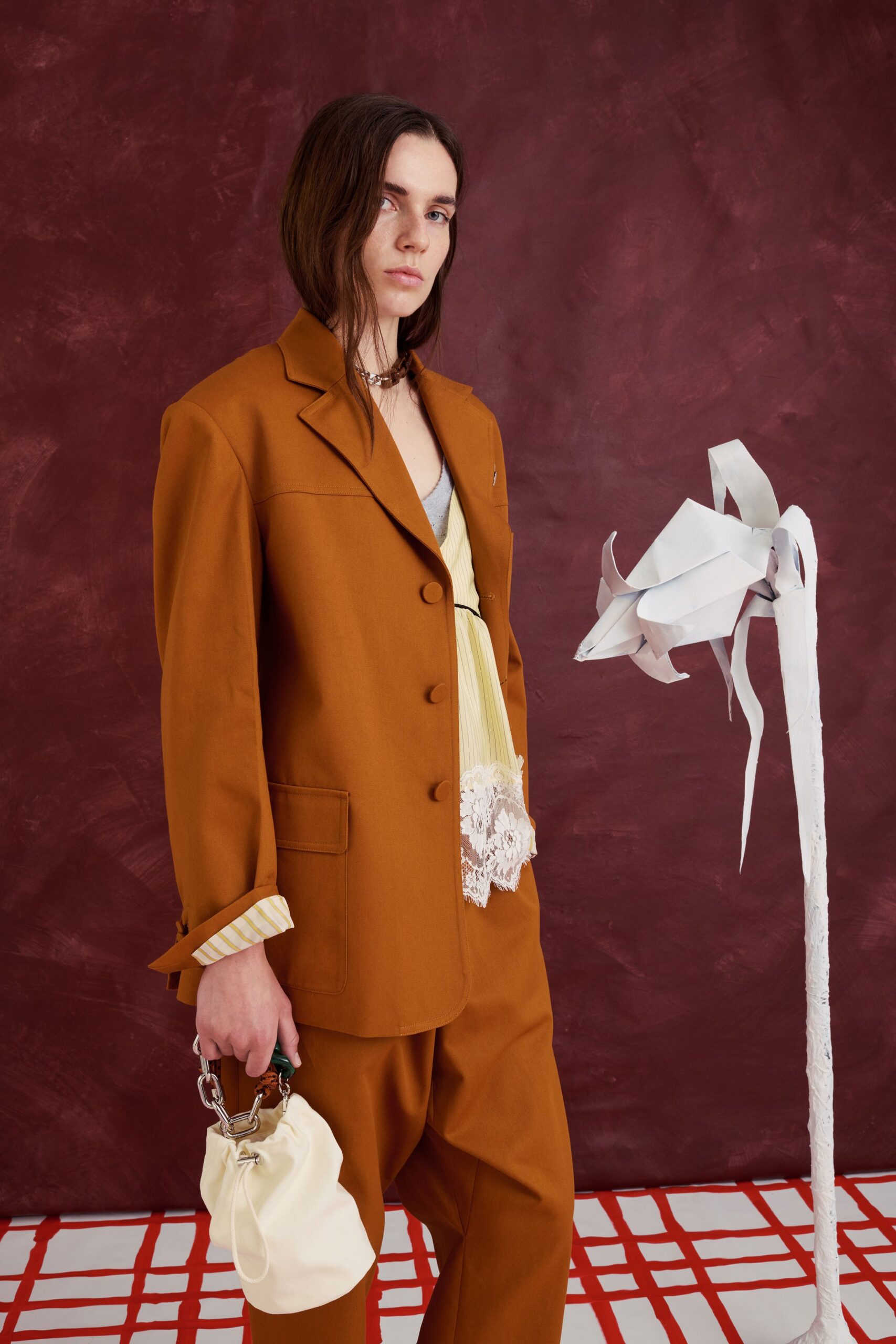 orange cotton long-sleeve collared structured buttoned blazer