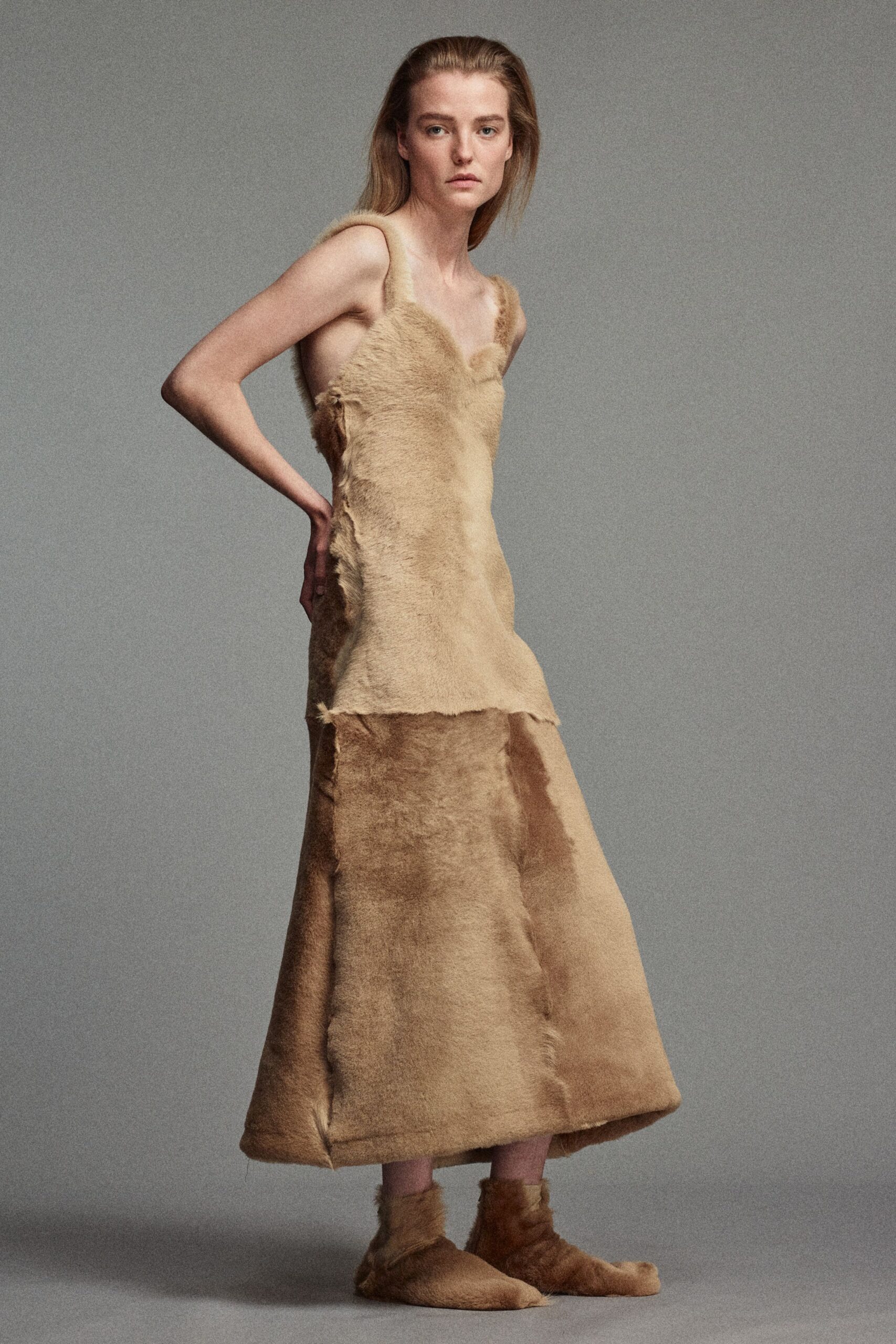 beige fur sleeveless v-neck fitted layered midi dress
