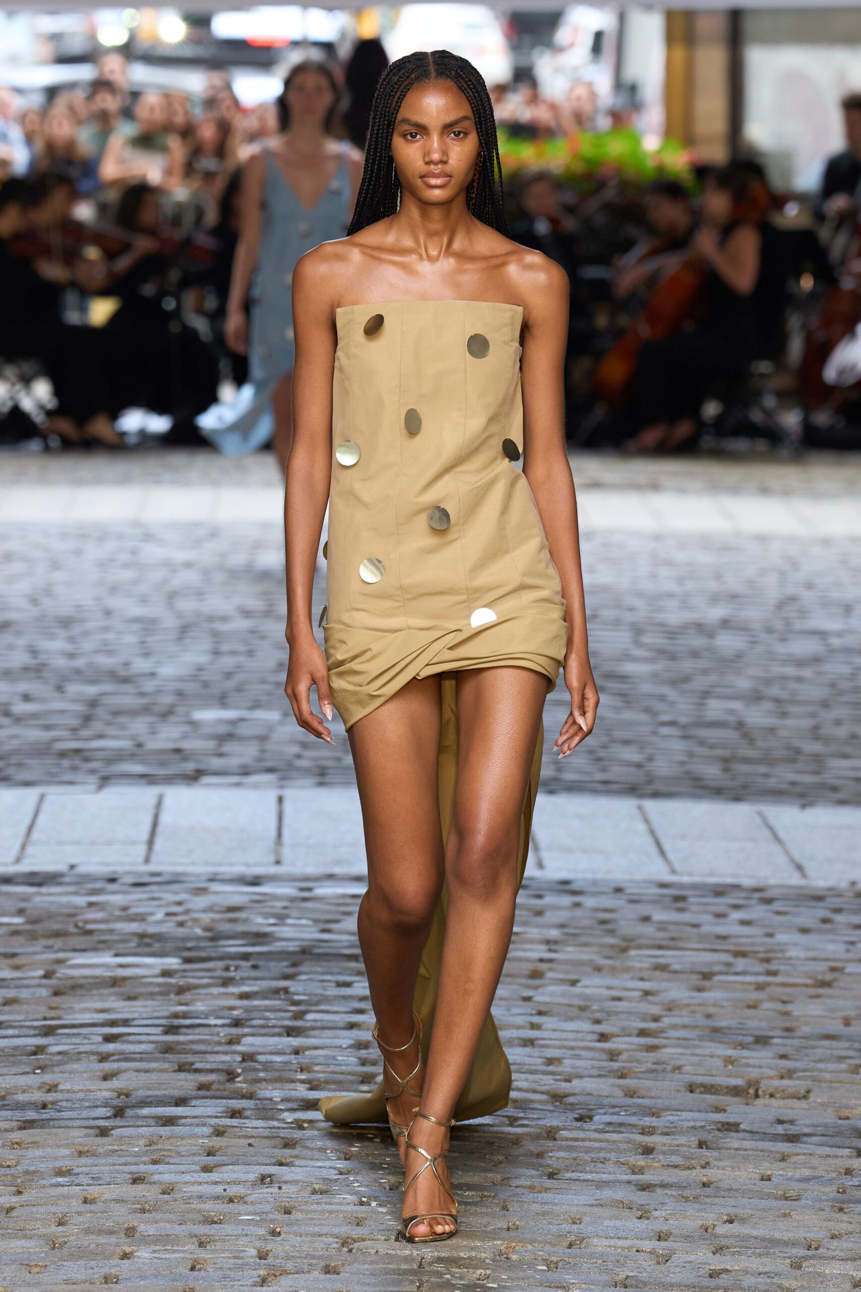 beige silk sleeveless dress