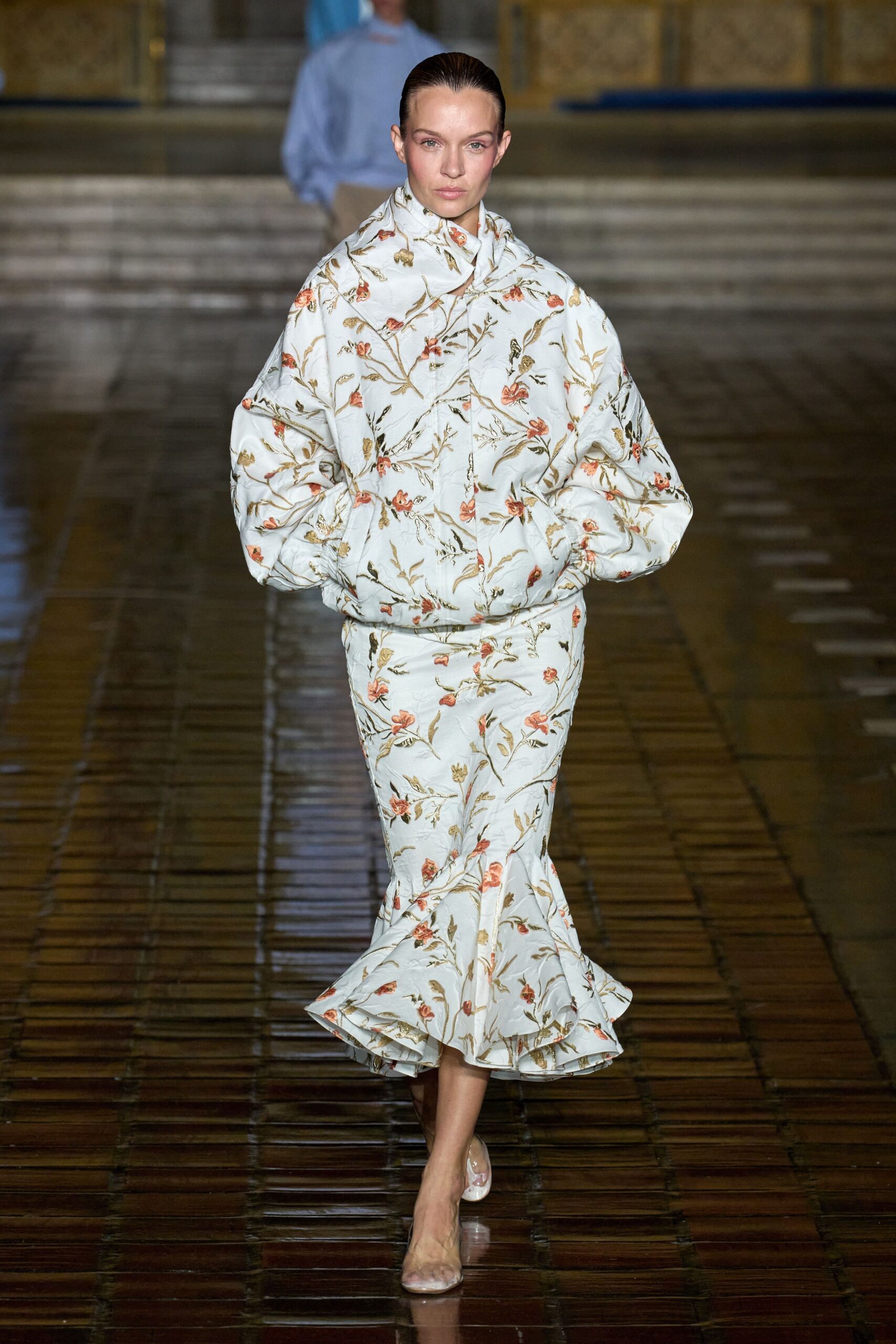 floral oversized jacket with midi skirt