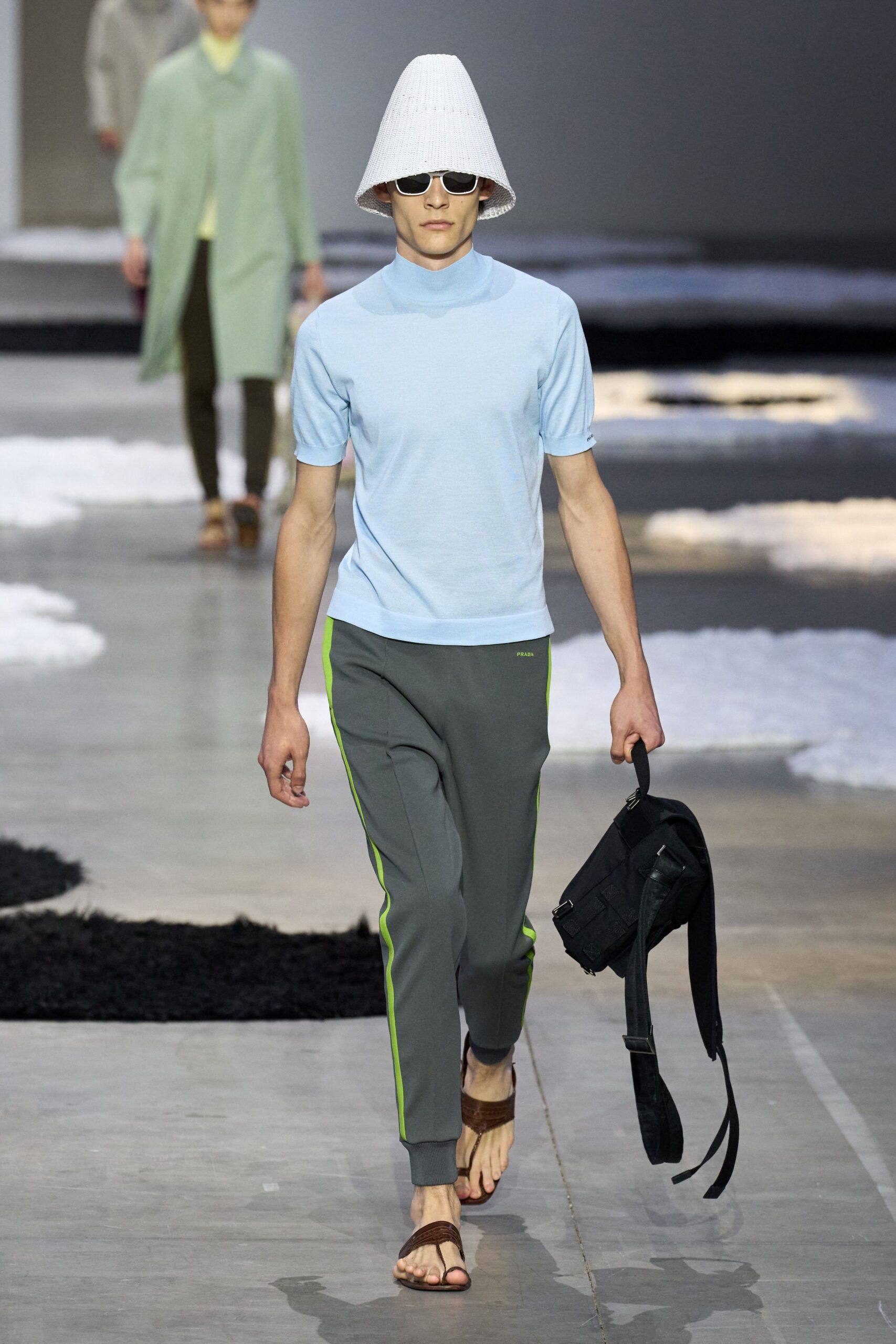 light blue fitted top with gray pants