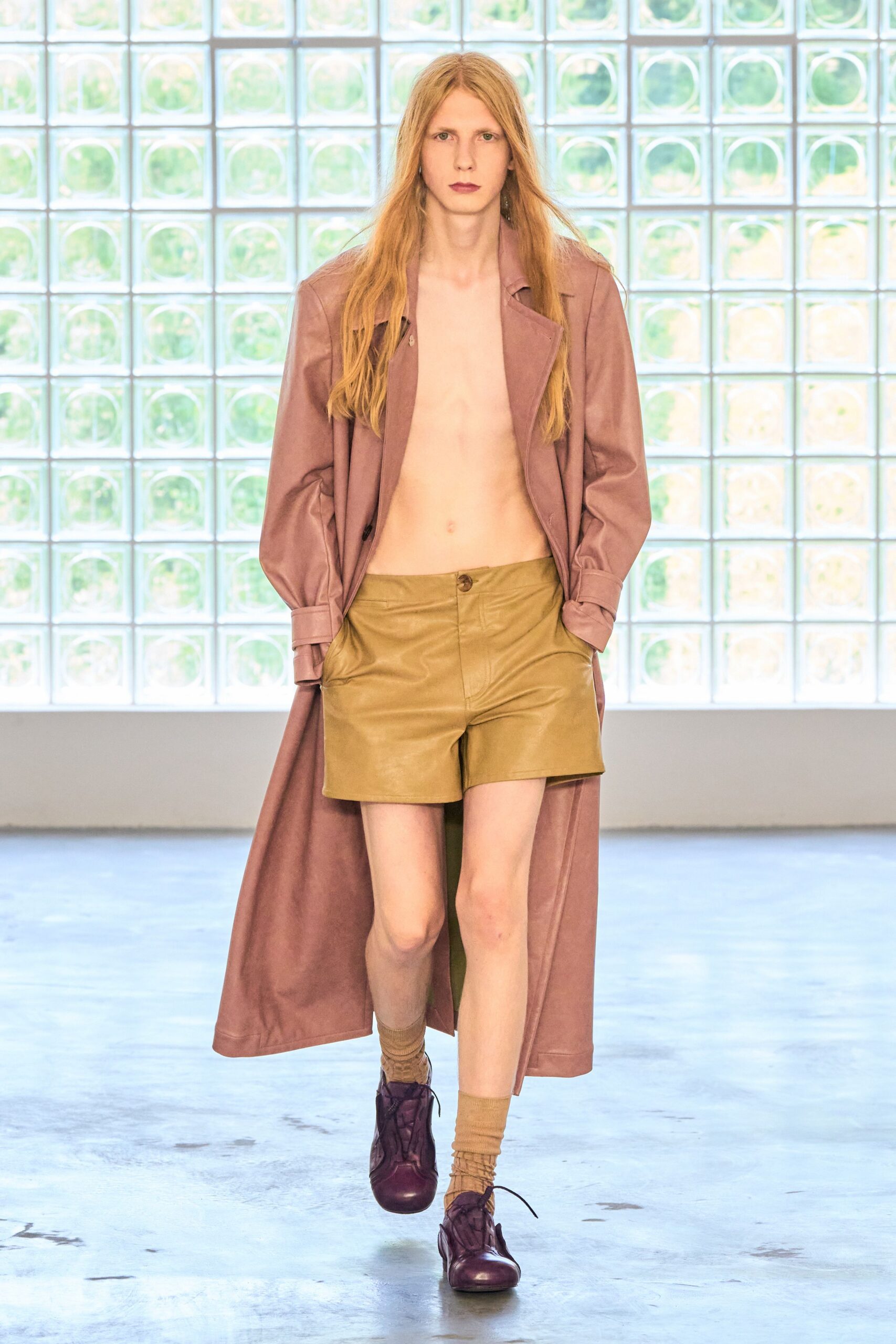 pink leather long-sleeve collared relaxed maxi coat
