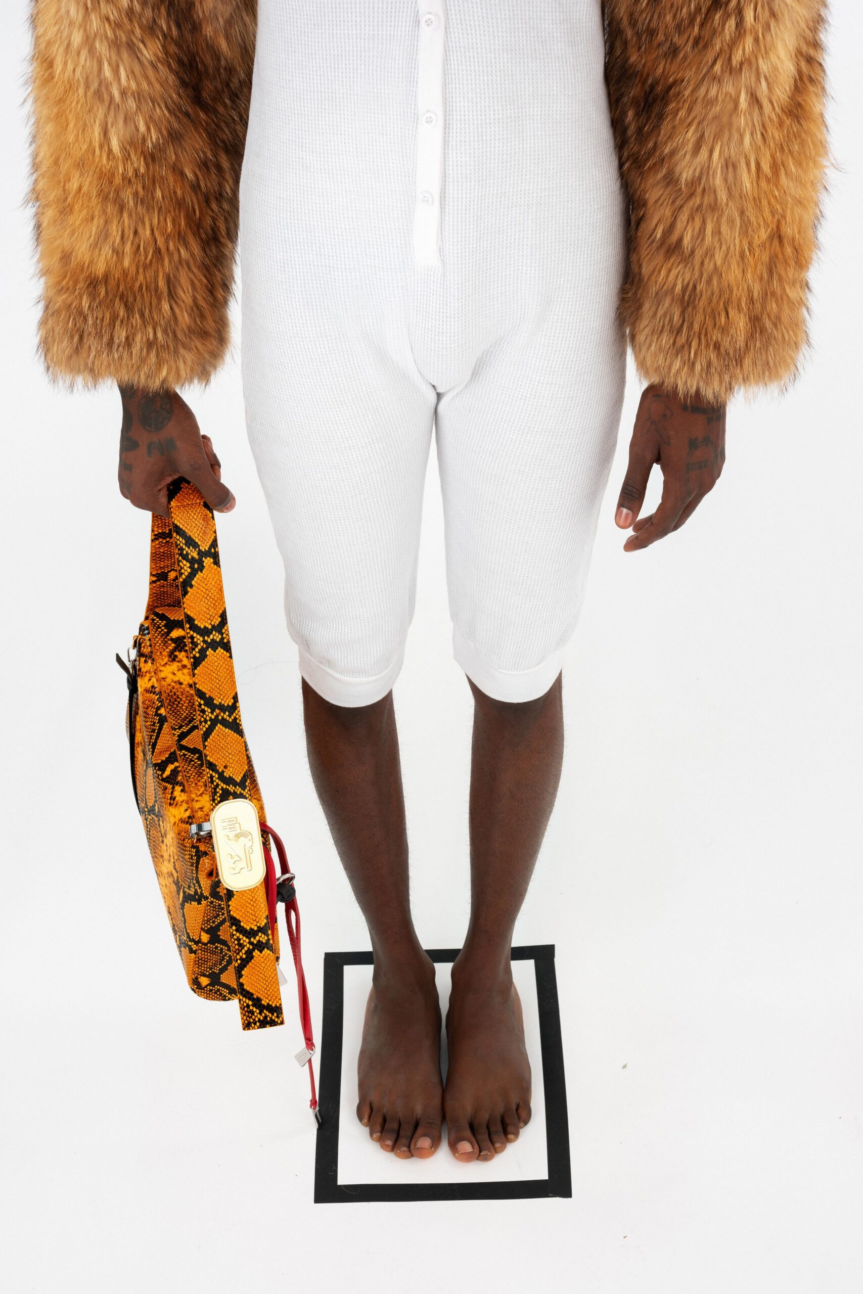 white cotton jumpsuit with fur coat